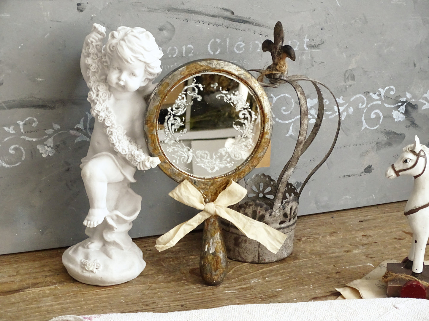 Aged Metal Hand Mirror with Bow, Makeup Mirror