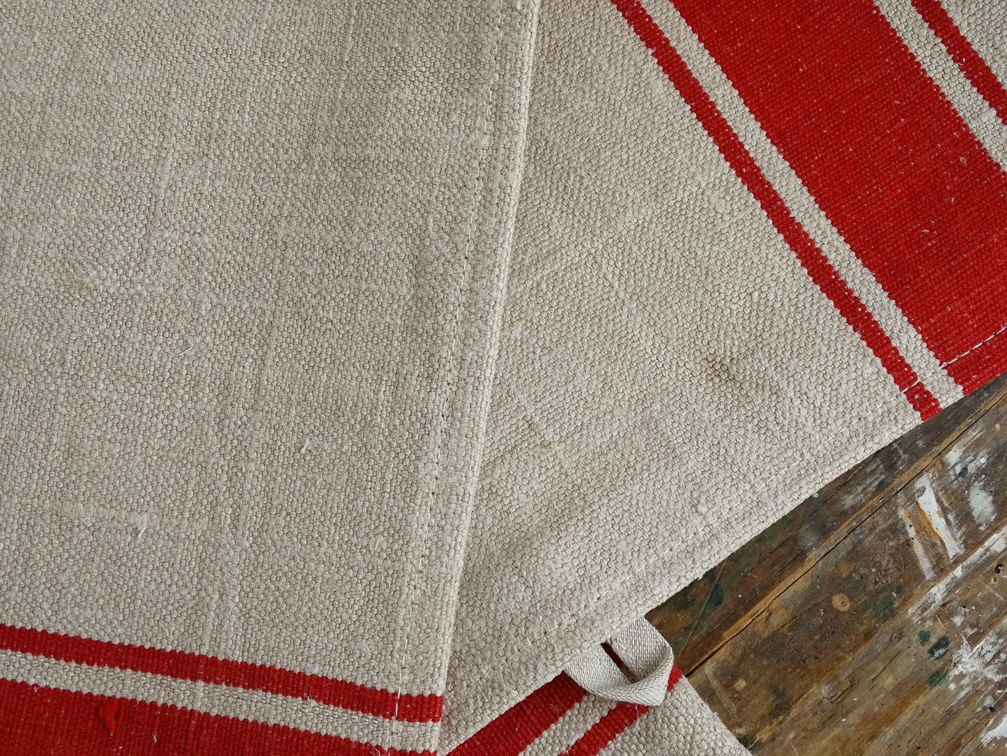 Set Of 2 Antique French Linen Tea Towels: Red Stripes, Unused 1900s Torchon