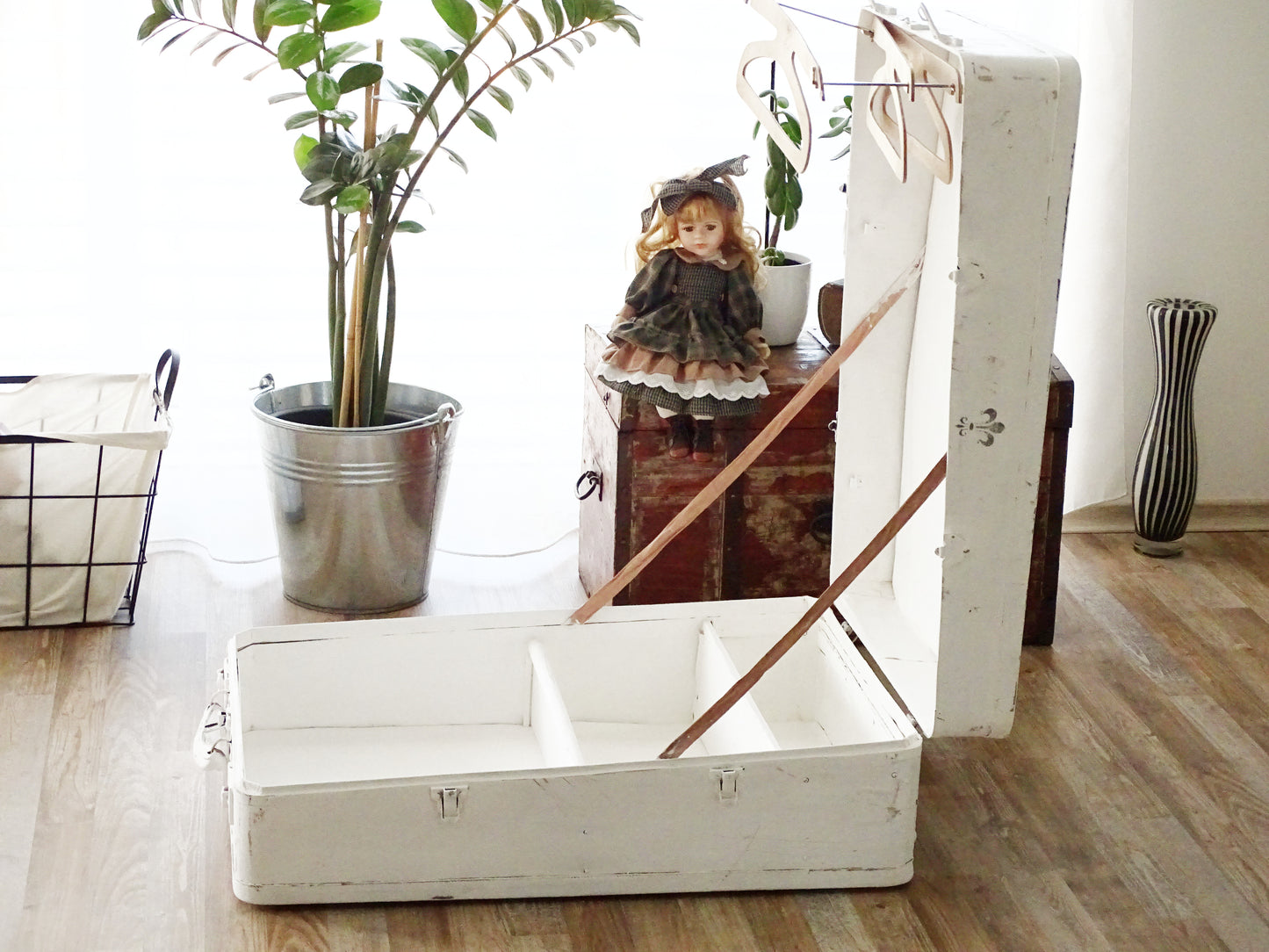 Antique White Wardrobe Travel Trunk, Large Suitcase