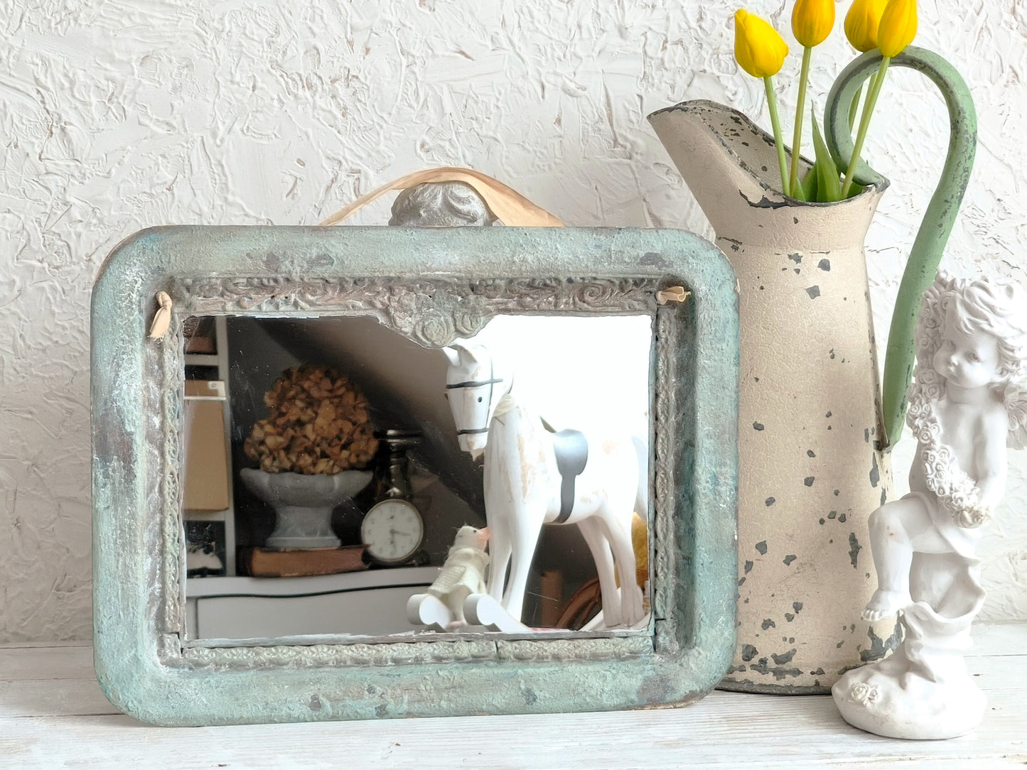 Romantic Blue Metal Wall Mirror With Floral Details And Hanging Ribbon, Distressed Shabby Chic Home Decor