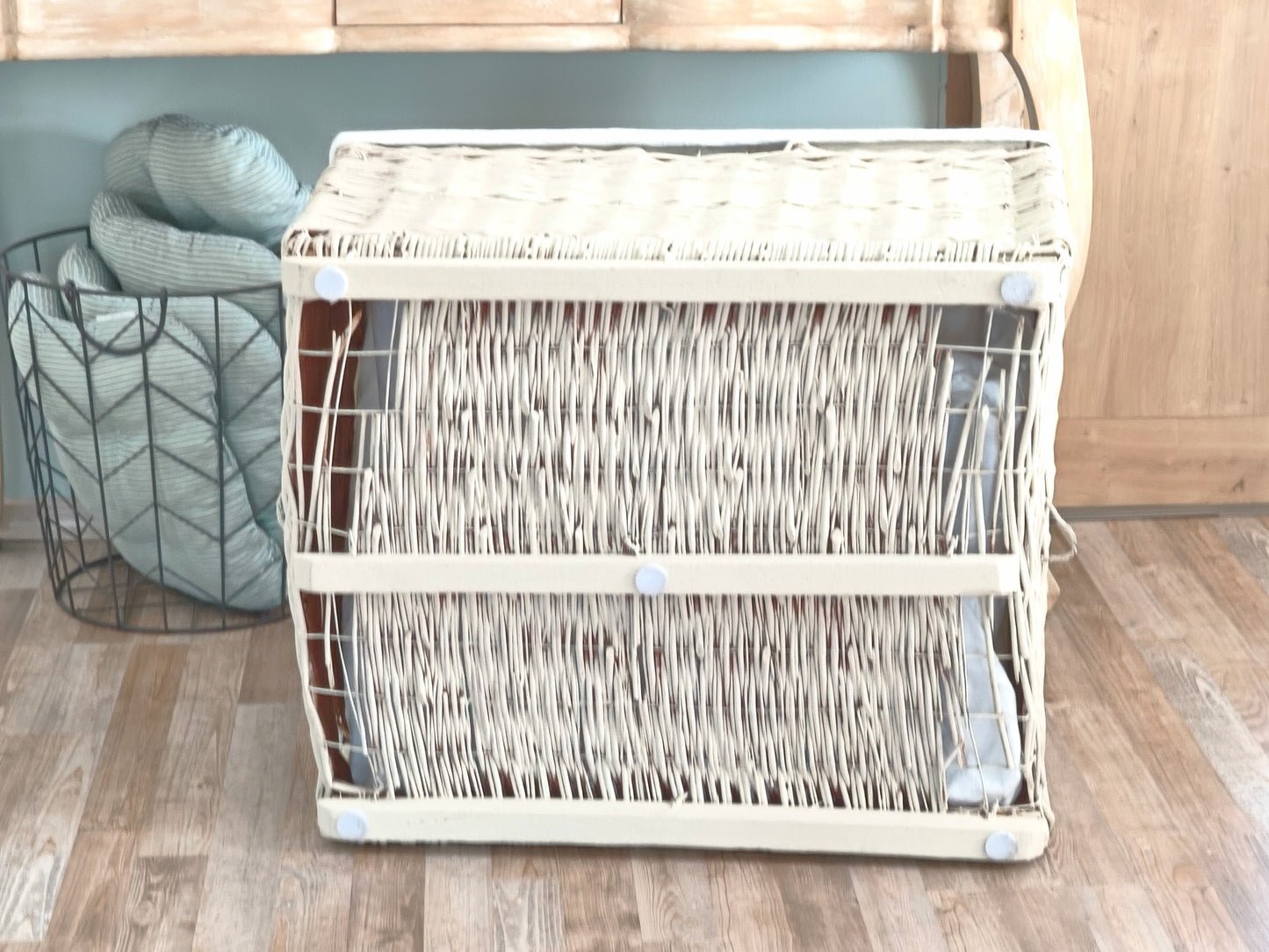 Large Beige Wicker Storage Basket, Chest, Laundry Hamper, Bin,