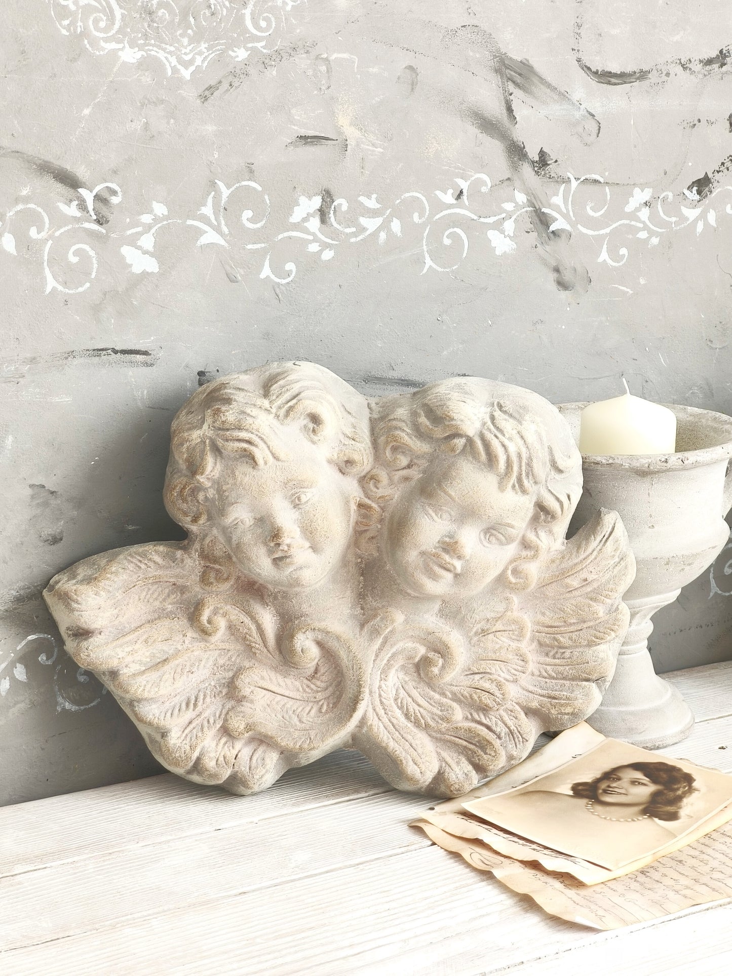 Large Plaster Cherubs Head Wall Sculpture, Bas Relief Chalkware Putti Angels, Shabby Chic Decor