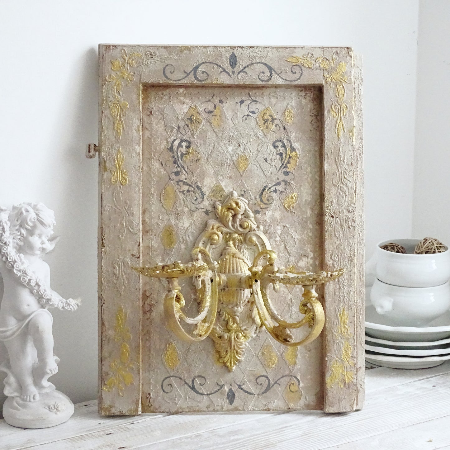 Antique Wall Iron Candle Sconce on Wooden Plaque