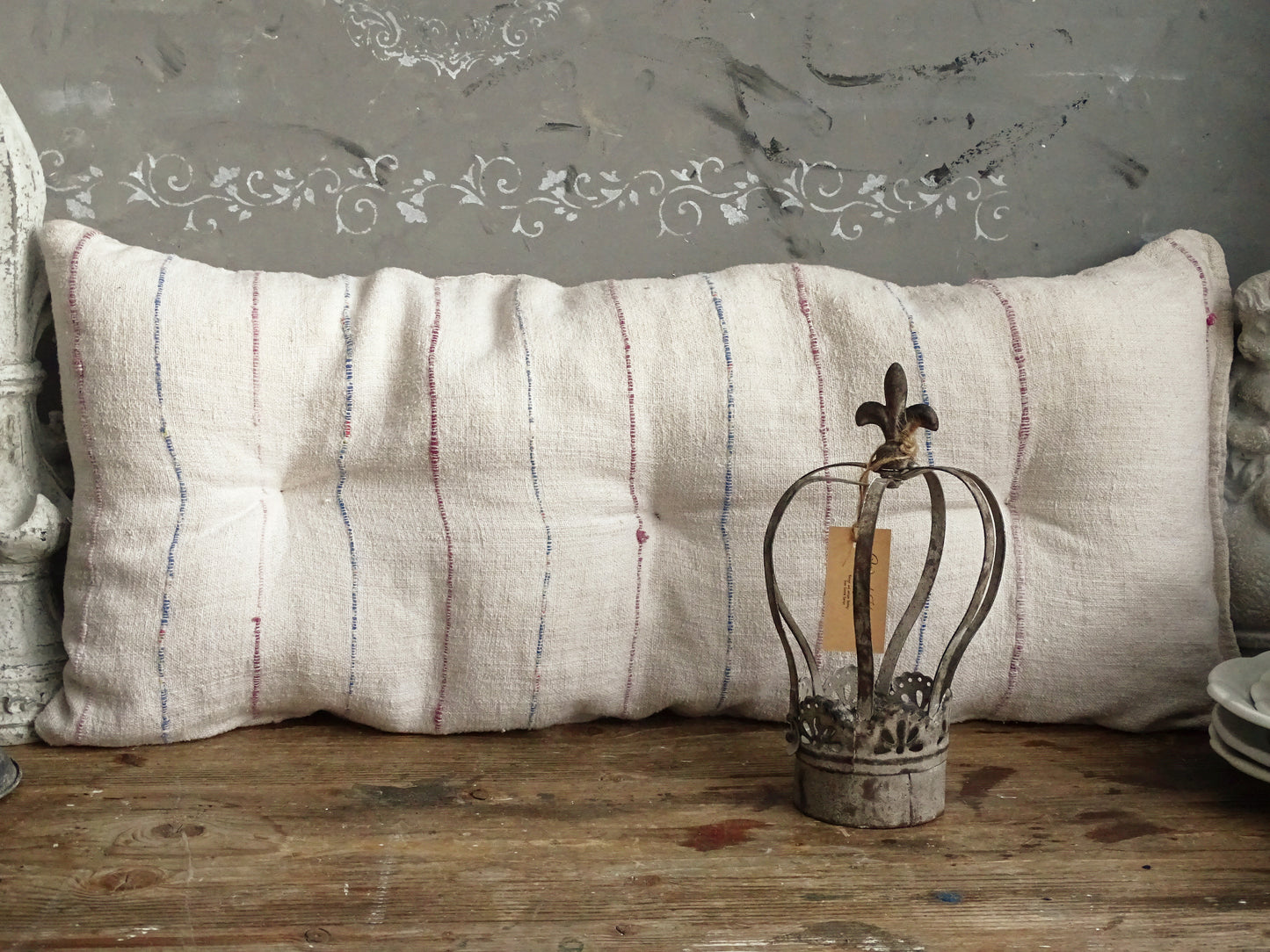 Antique Grain Sack Bench Cushion, Red Stripe Tufted Pillow, Washed Linen Seat Pad