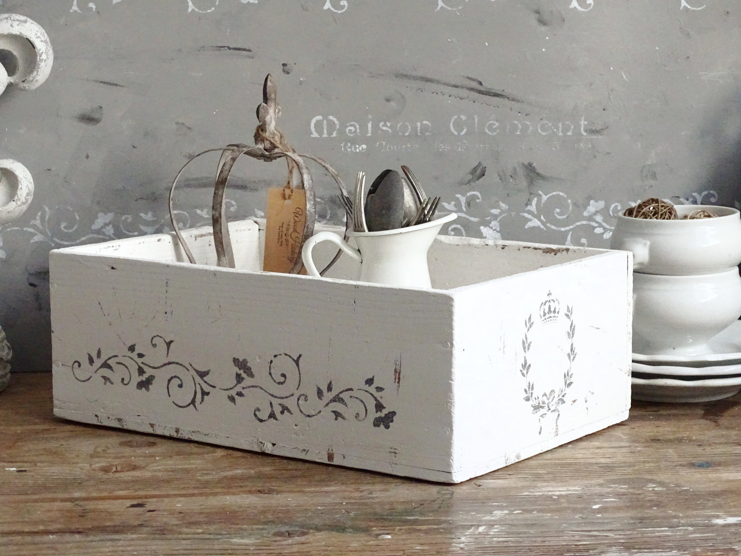 Distressed White Wood Storage Box, Crate: French Country Shabby Chic