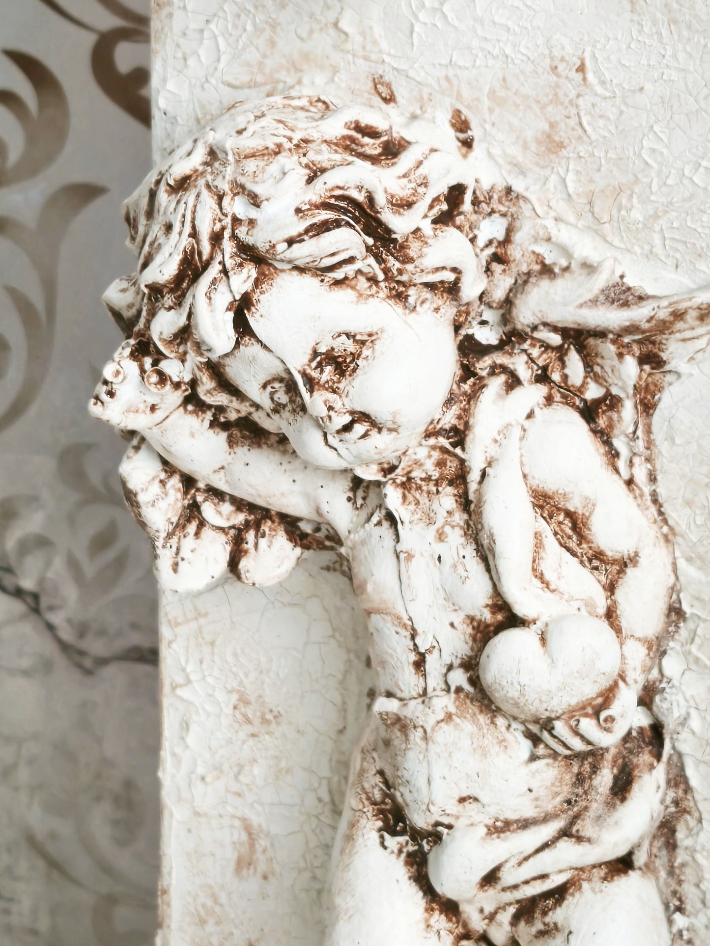 Plaster Cherub Sculpture on Stand, Chalkware Angel Statue