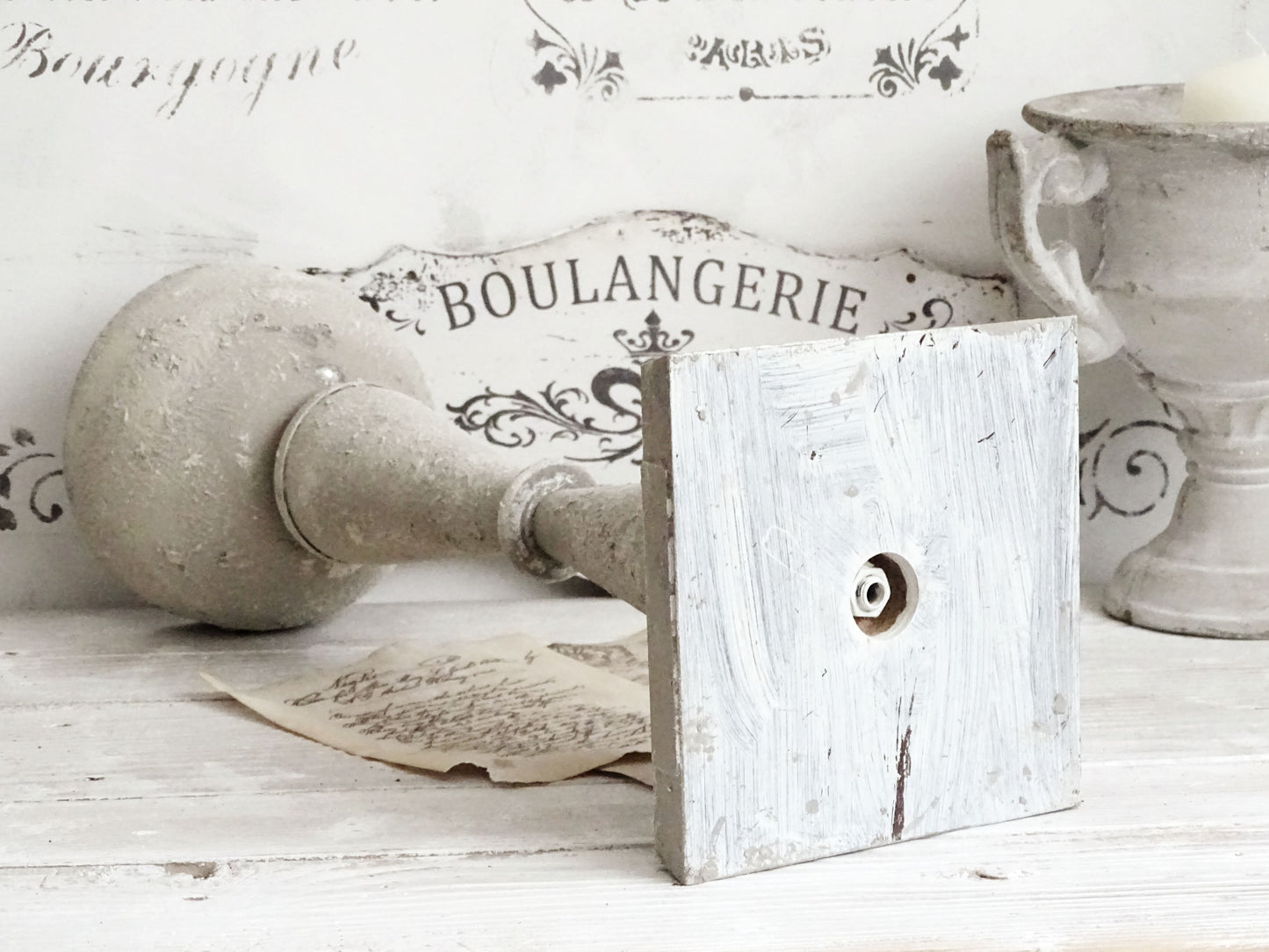 Metal Trophy Urn Vase Stone Effect, Gray Distressed, Shabby Chic Pedestal Plant Pot