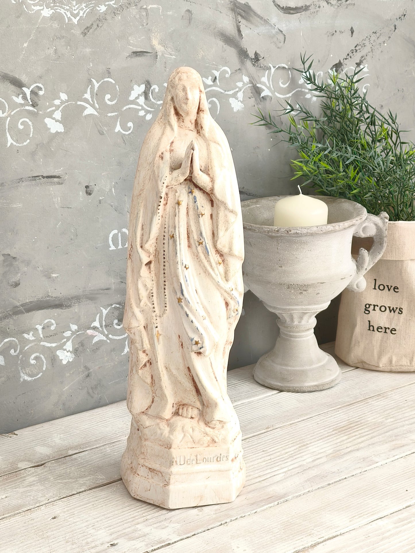 Vintage French Chalkware Madonna Statue, Plaster Virgin Mary Sculpture