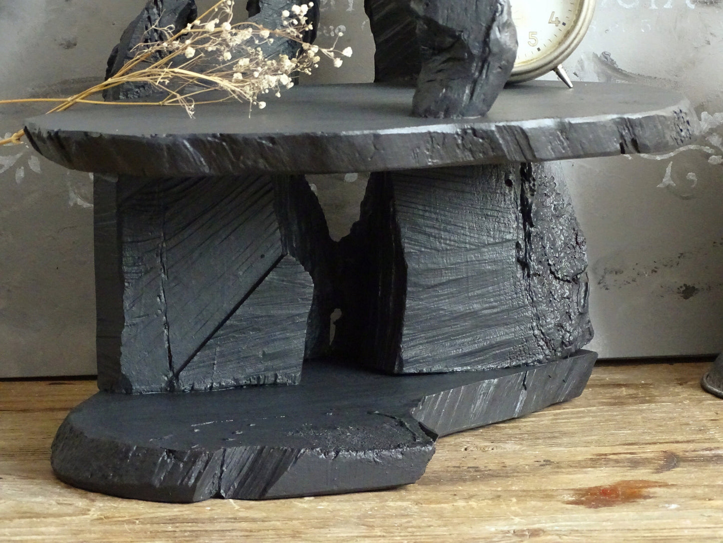 Black Raw Wood Display Case, Stand, Wabi Sabi Tabletop Standing Curio Shelf, Natural Wooden Sculpture Decor