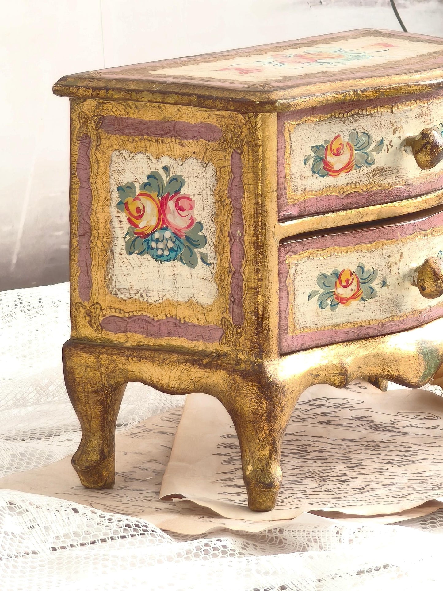 Giltwood Florentine Jewelry Chest of 2 Drawers and Handpainted Flowers, Italian Jewelry Storage Box, Shabby Chic Vanity Jewelry Cabinet