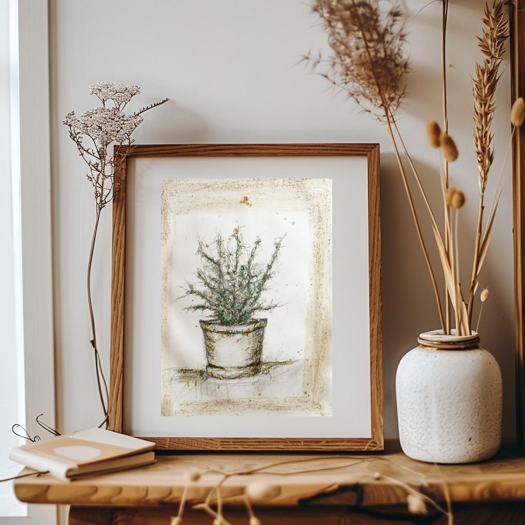 Original Sketch Plant Pot Drawing, Naive Still Life Greenery Artwork, Rustic Cabin Decor