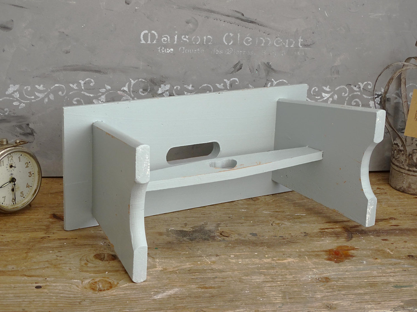 Blue Wood Step Stool Carved Heart, Rustic Farmhouse Plant Stand Bench