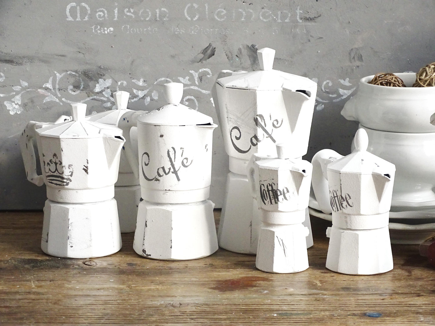 Distressed White Moka Pot, Italian Espresso Stove Coffee Maker, Retro Kitchen Decor