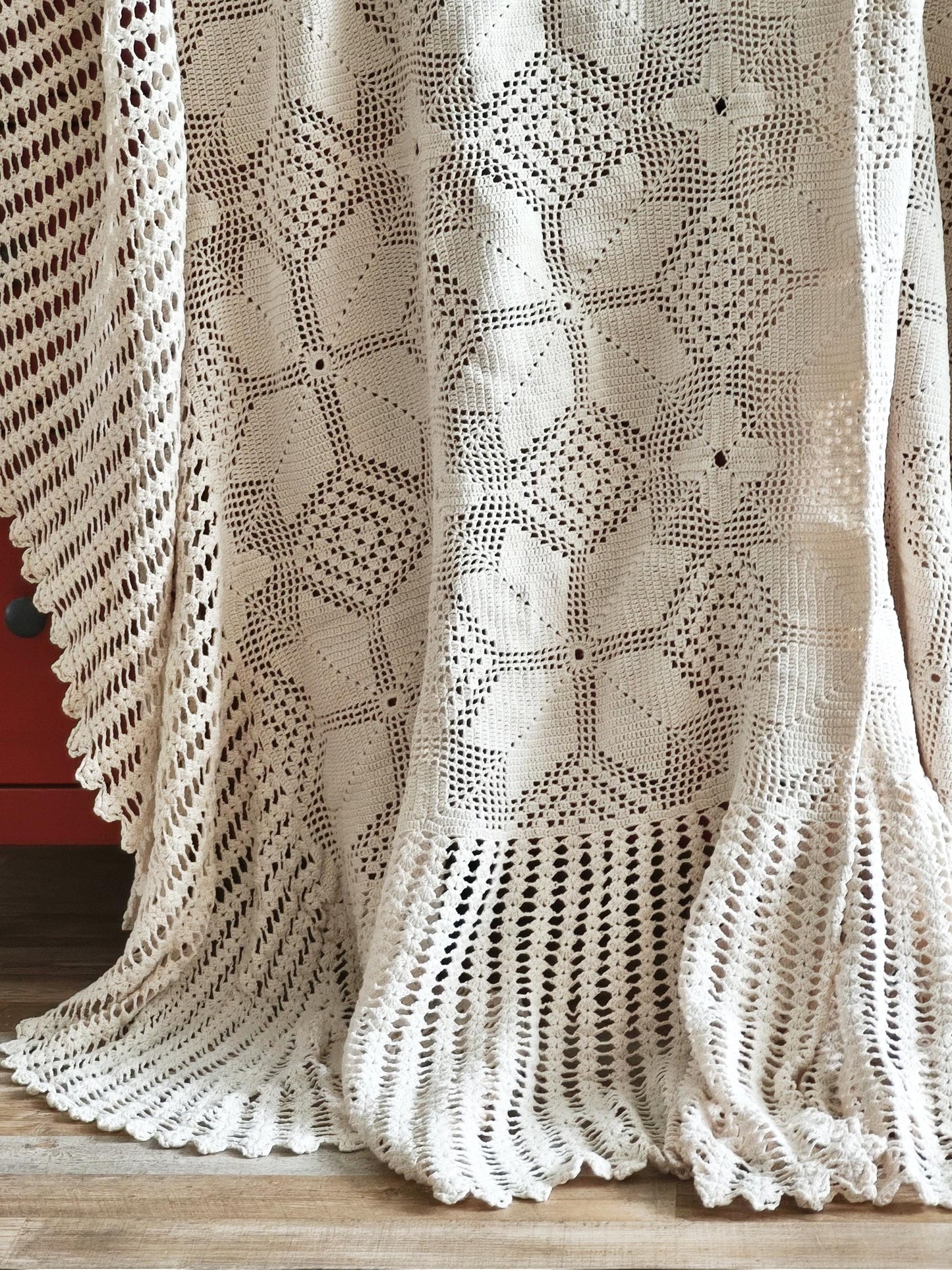 French Handmade Crochet Blanket Scallops, Natural Beige Cotton Blanket Rustic Bedspread, Bedding, Neutral Bed Cover, Crochet Lace Sofa Throw