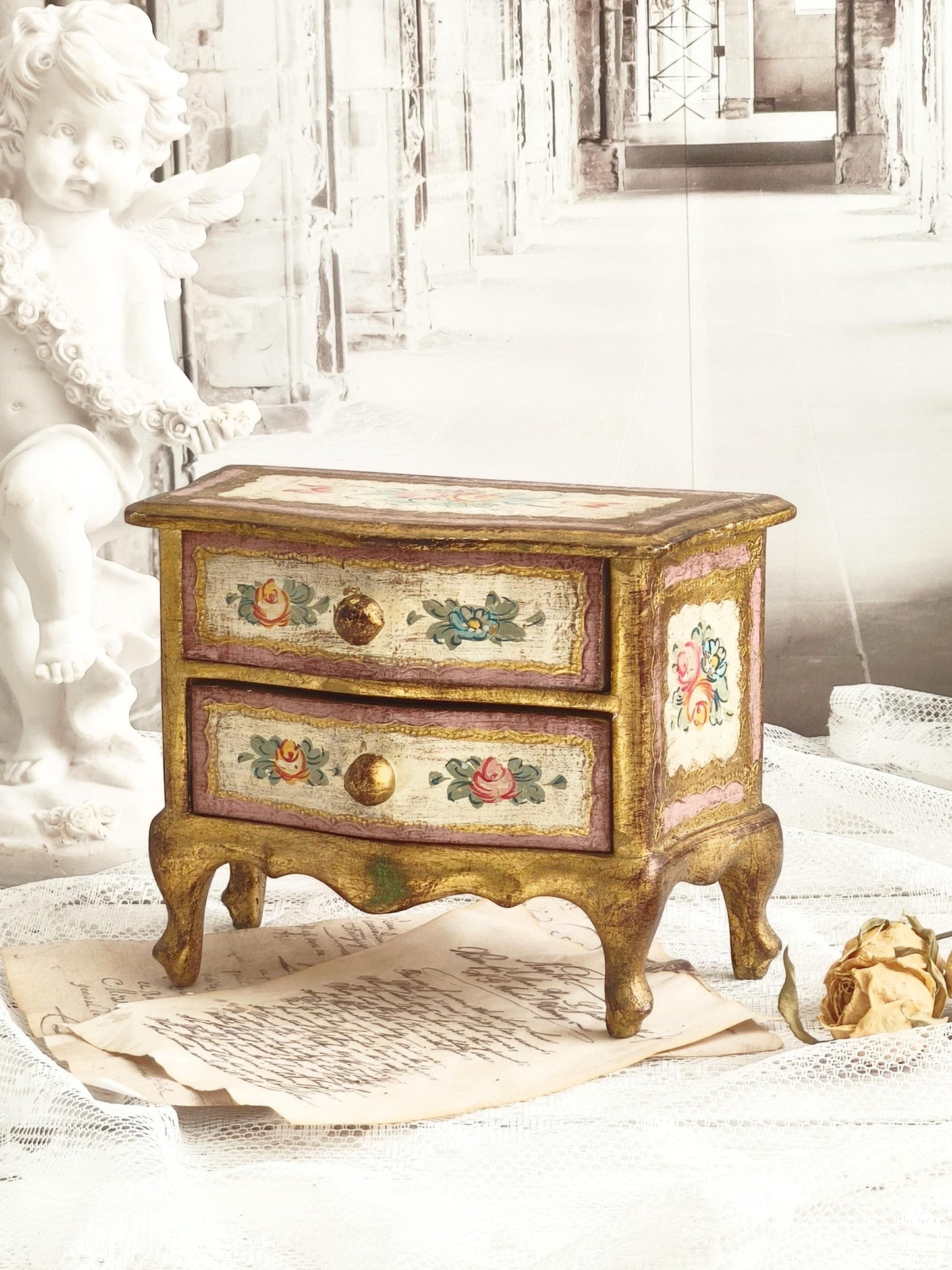 Giltwood Florentine Jewelry Chest of 2 Drawers and Handpainted Flowers, Italian Jewelry Storage Box, Shabby Chic Vanity Jewelry Cabinet