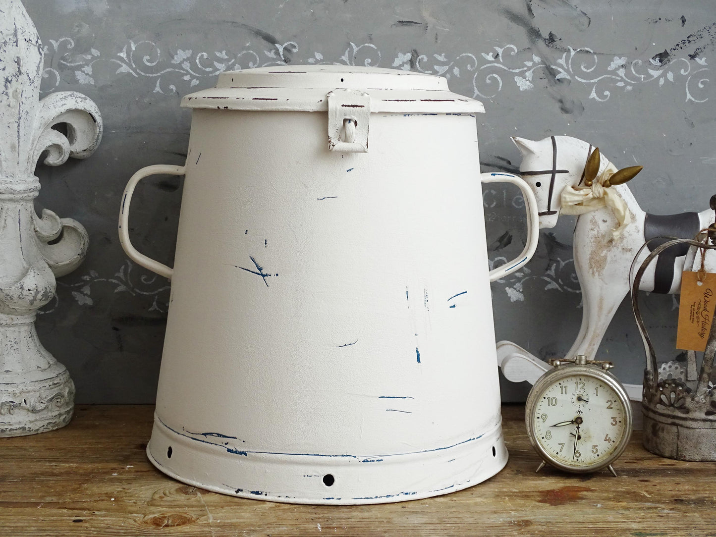White Enamel Waste Bin with Lid, Large Metal Bucket, Waste Basket, Recycling Garbage Bin, Shabby Chic Bathroom Kitchen Trash Can