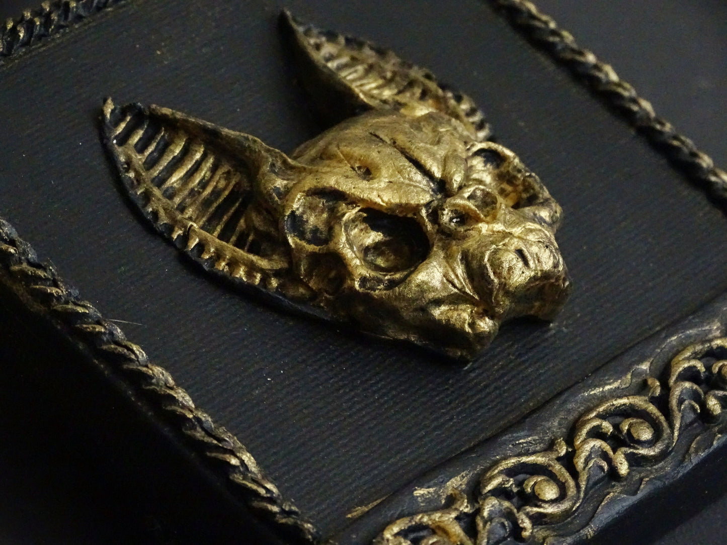 Black Gold Bat Skull Wall Plaque: Framed Faux Taxidermy Wall Sculpture