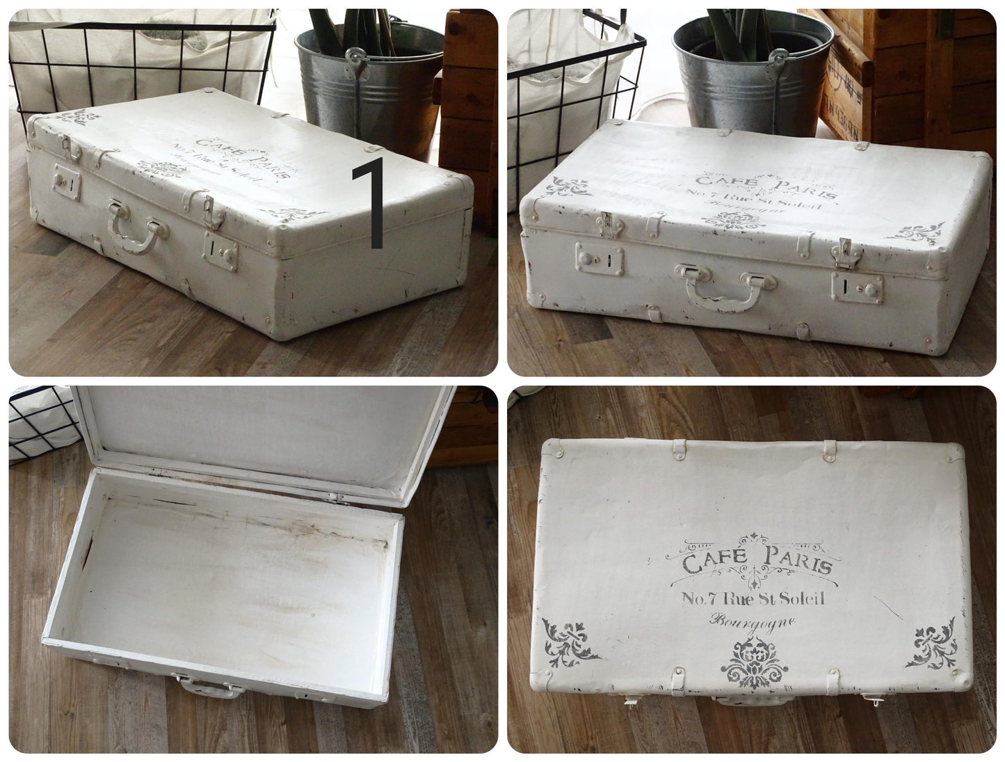 White or Gray Suitcase, Shabby Chic Painted French Stackable Travel Luggage Leather Suitcase, Wedding Cards Storage Organizer
