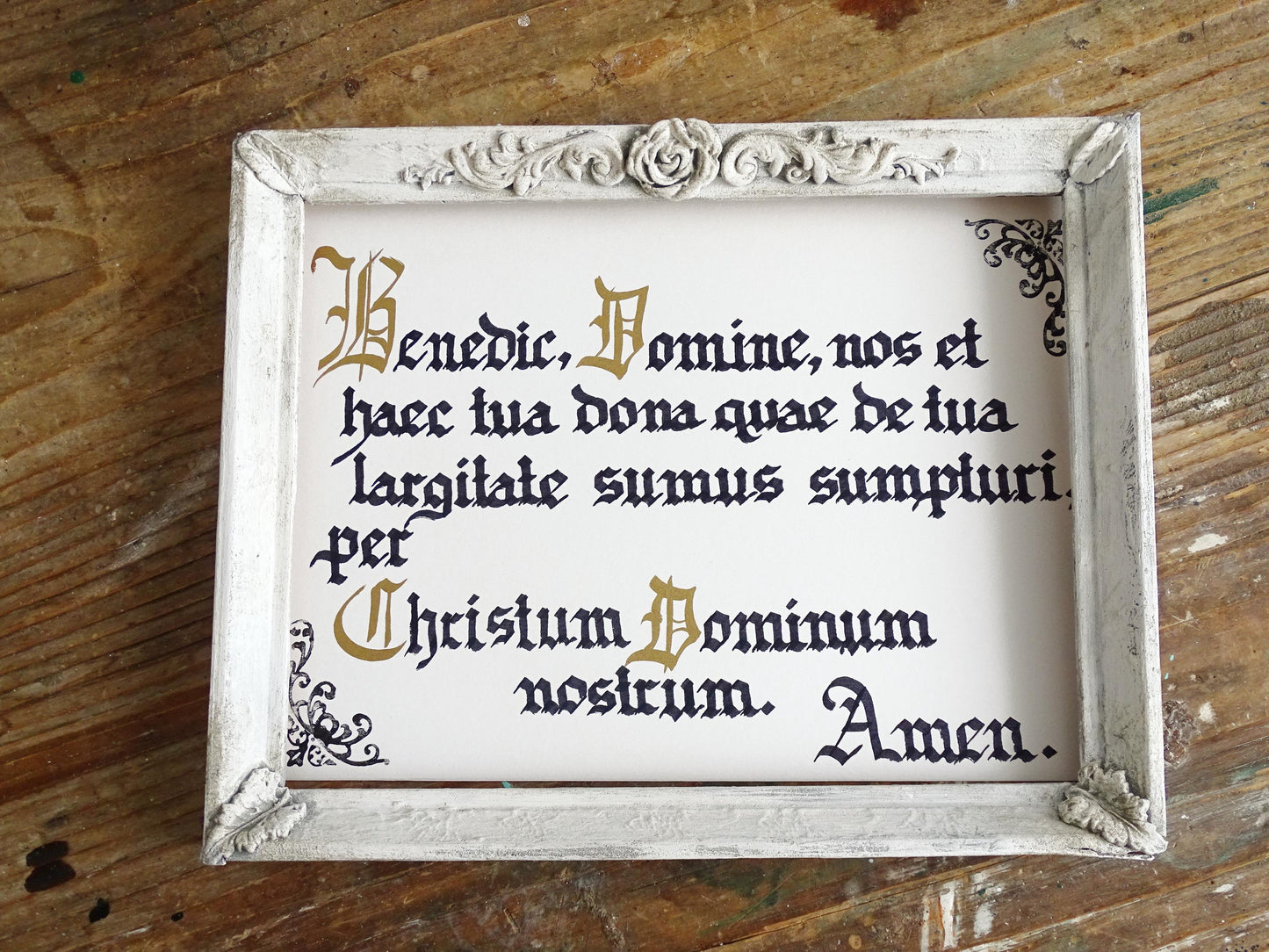 Latin Prayer Before Meal, Handwritten Catholic Blessing, Gothic Calligraphy Manuscript