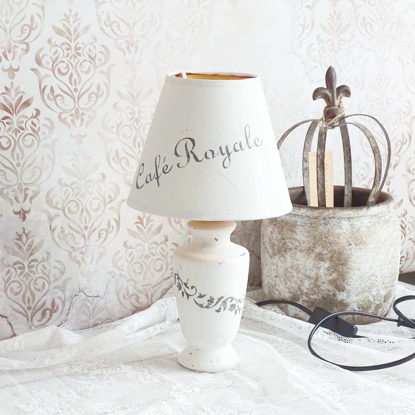 White Ceramic Table Lamp, White Shade, Shabby Chic