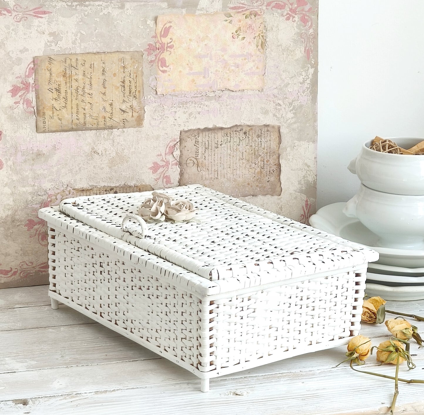 White Wicker Basket with Roses, Lidded Box