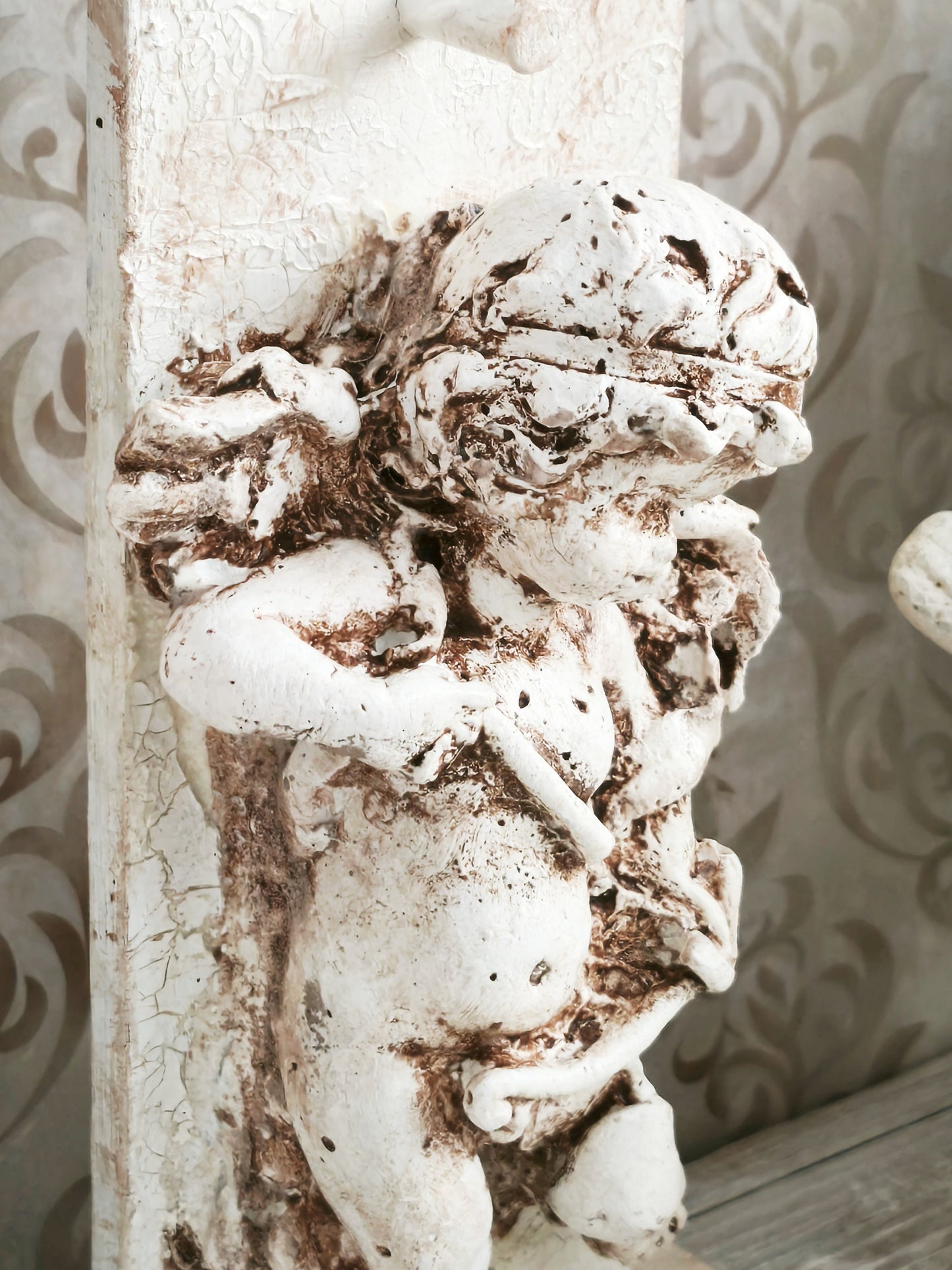 Plaster Cherub Sculpture on Stand, Chalkware Angel Statue