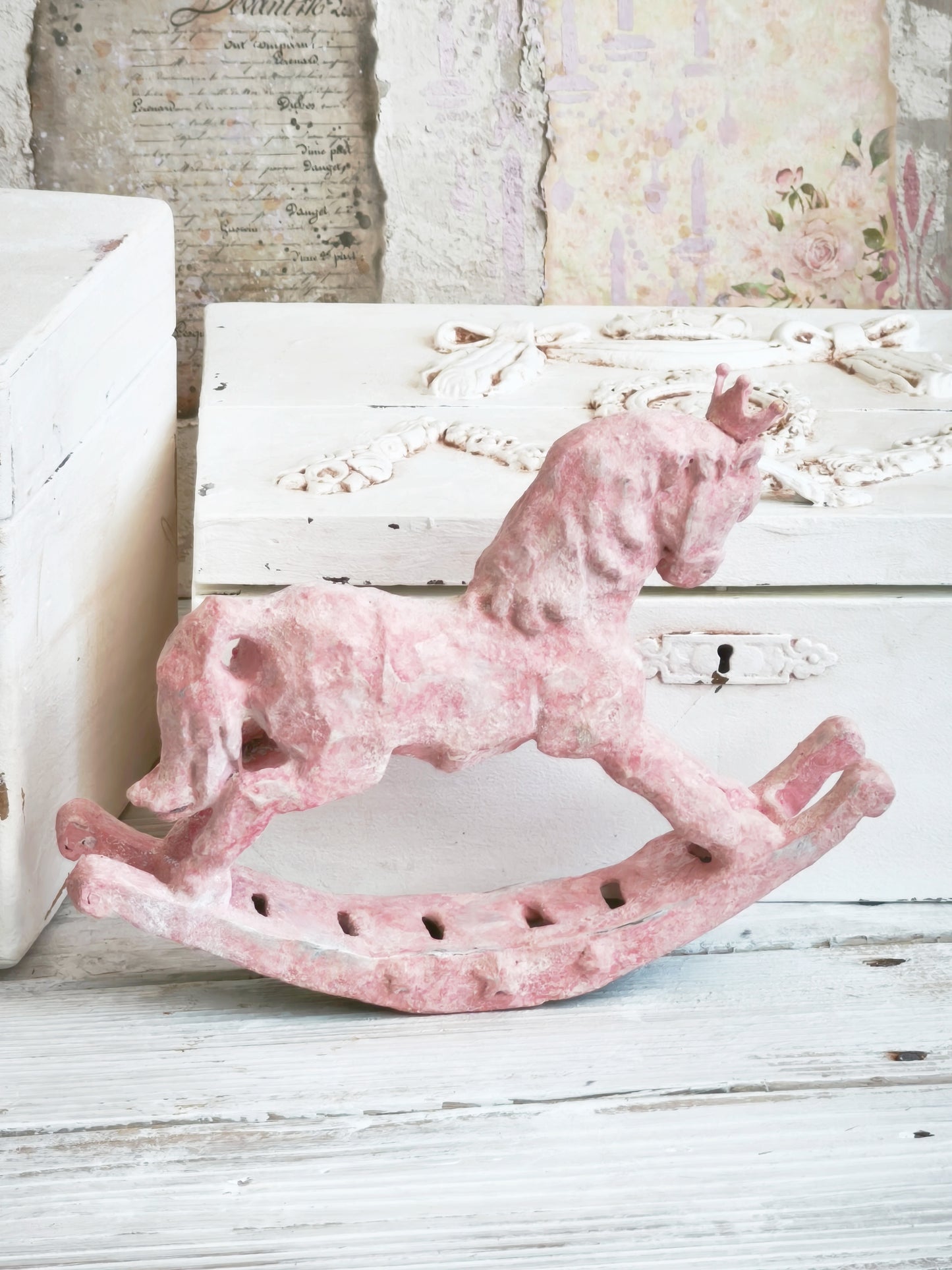 Pink Crowned Rocking Horse Figurine, Distressed Resin Sculpture, Shabby Chic Decor