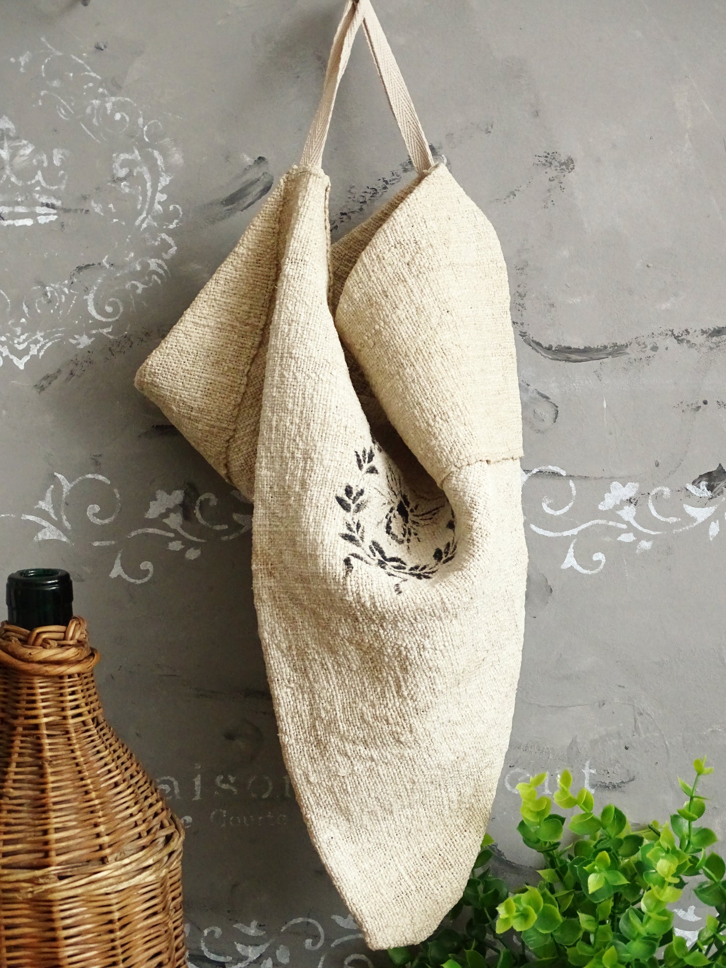 Cone Linen Wall Pocket, Antique Grain Sack Rustic Storage Bag