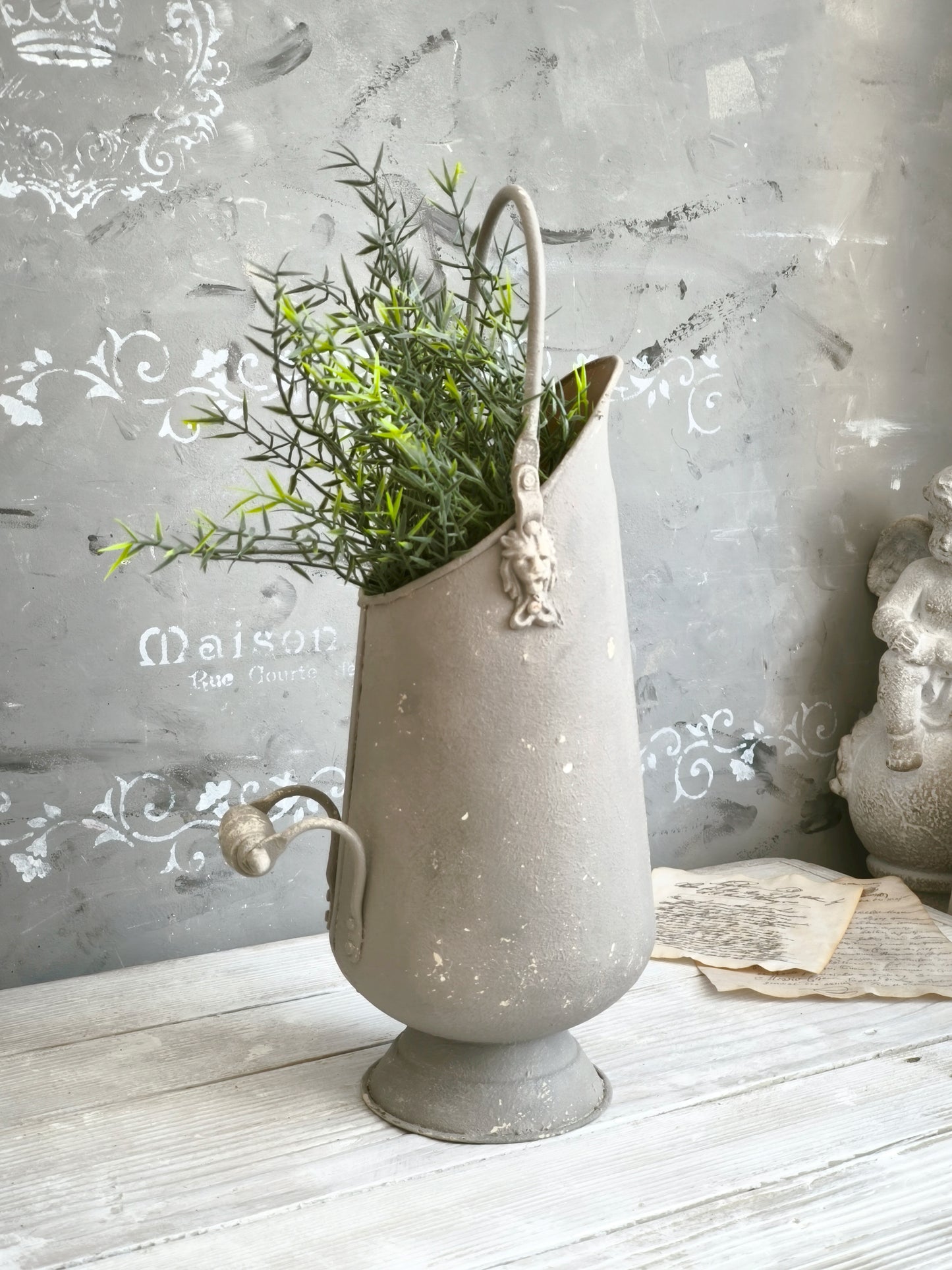 Brass Ash Scuttle Faux Concrete Finish, Metal Pitcher Vase