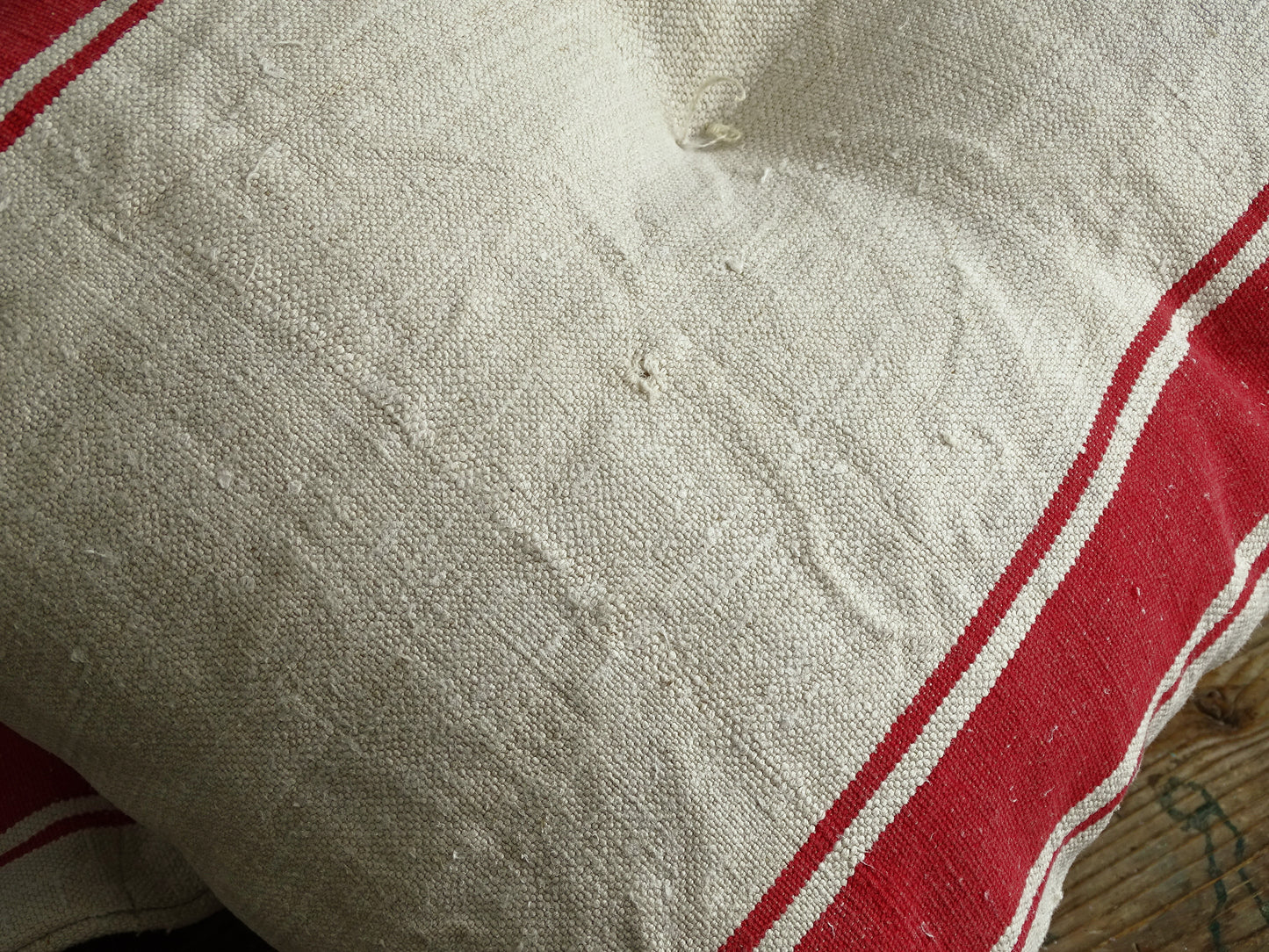 Antique Grain Sack Bench Cushion, Red Stripe Tufted Pillow, Washed Linen Seat Pad