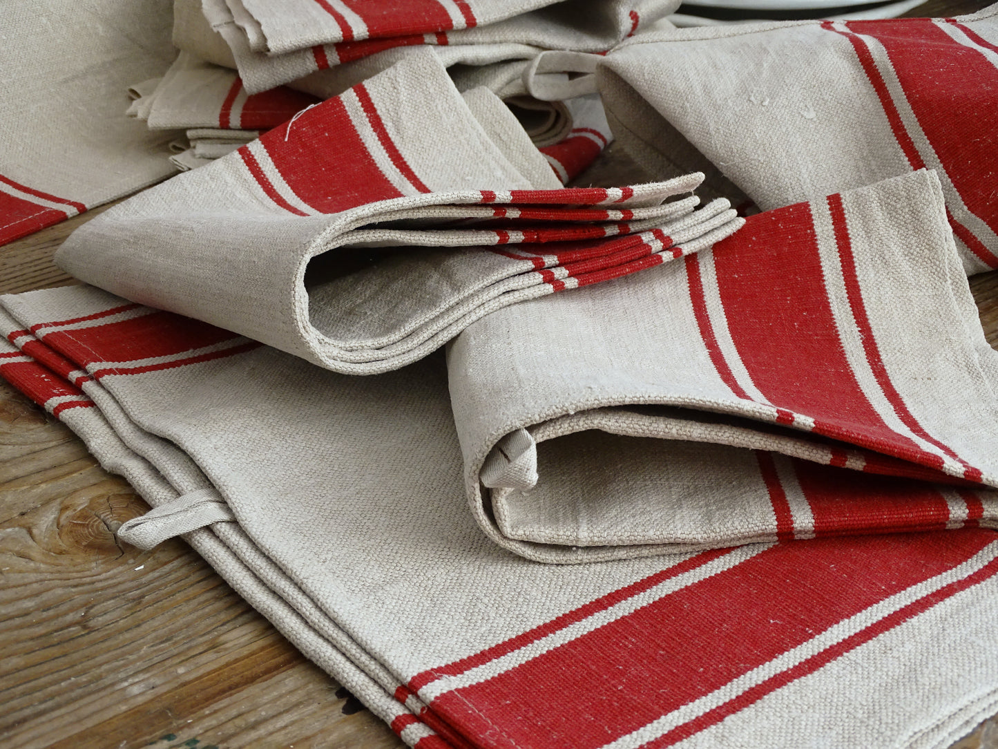 Set Of 2 Antique French Linen Tea Towels: Red Stripes, Unused 1900s Torchon