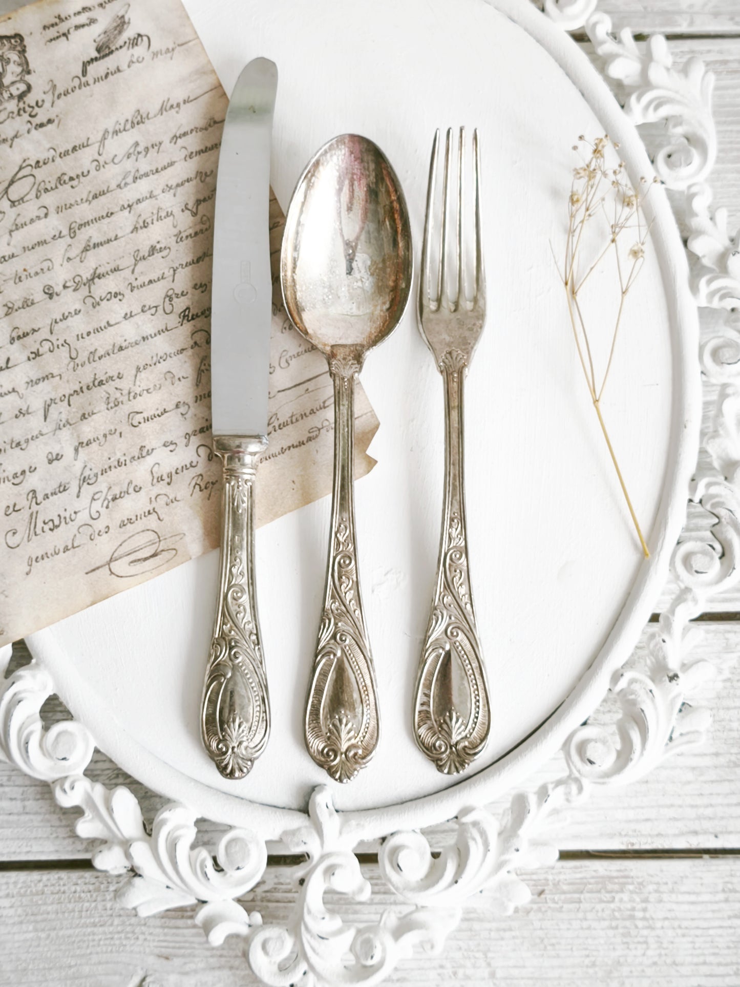 24 pcs Antique Silverplated Flatware Ornate Baroque Design, Escroignard & Cie