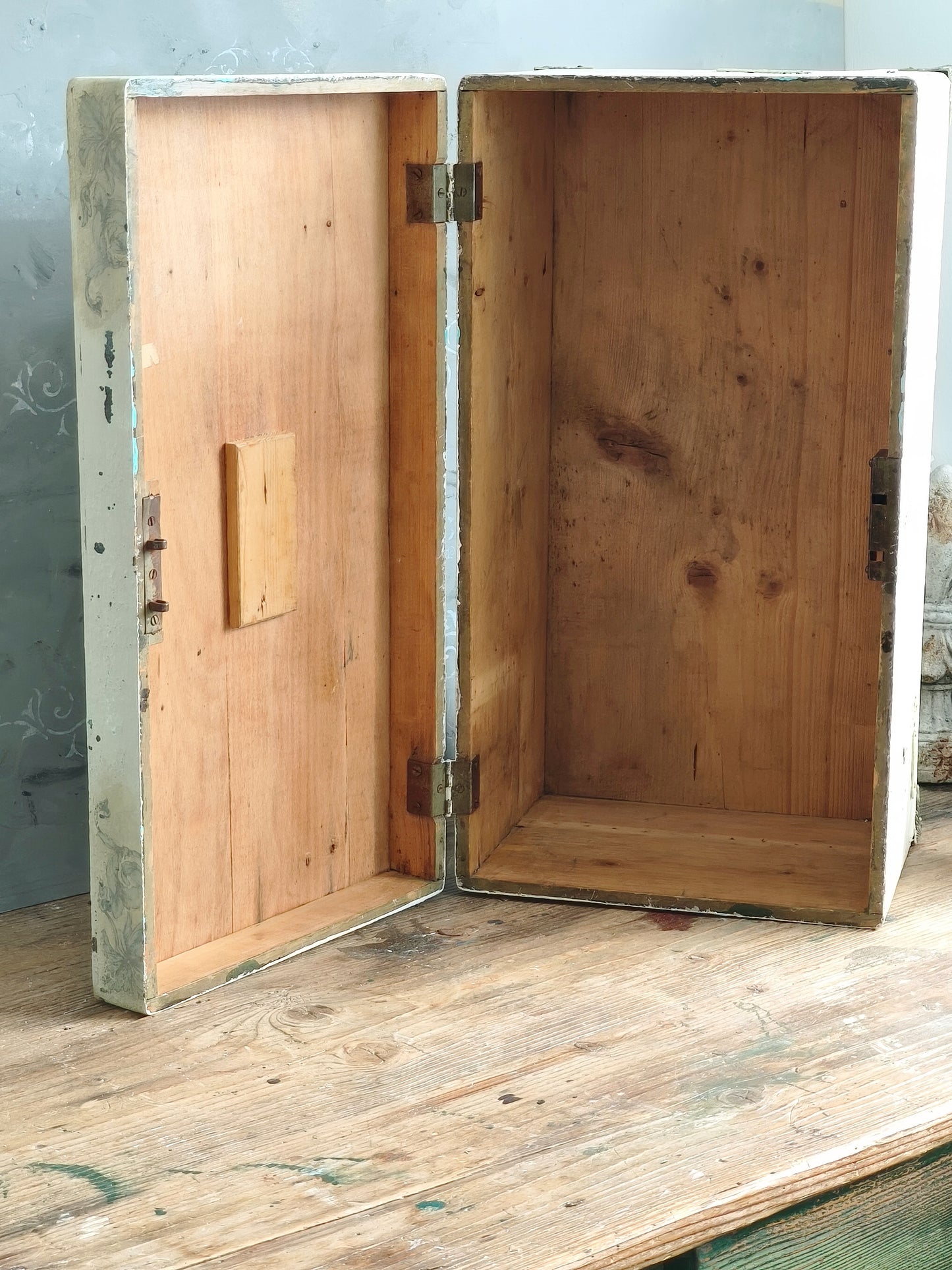 Antique Creamy Wooden Trunk Chest, Distressed Furniture