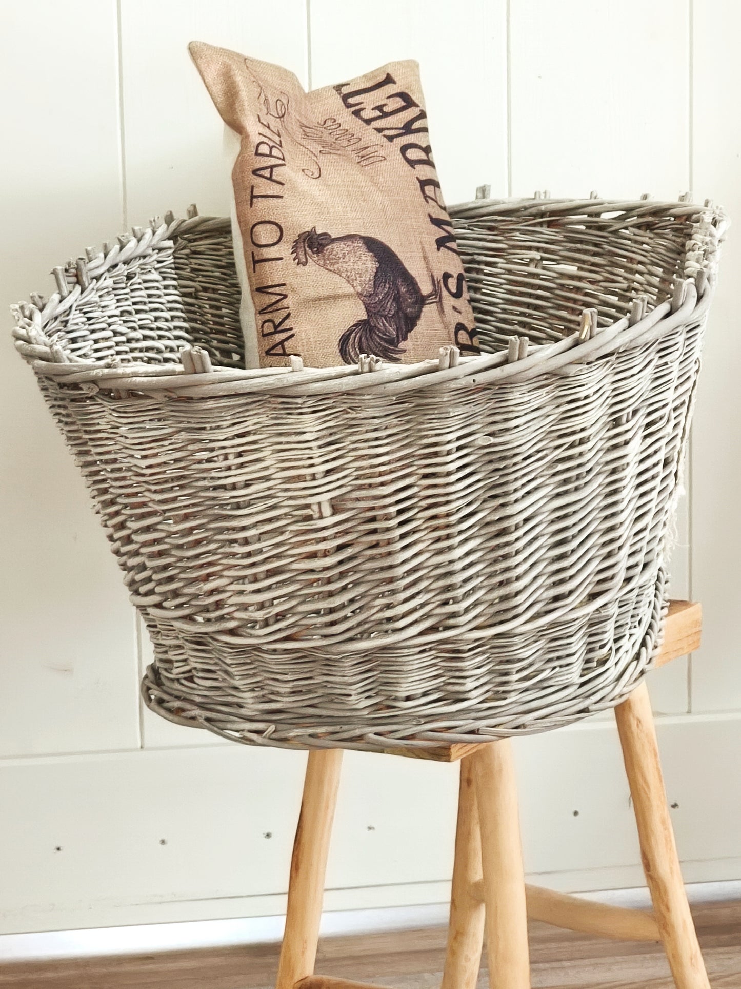 Large Wicker Basket Sheep Design, Rustic Laundry Hamper, Farmhouse Decor