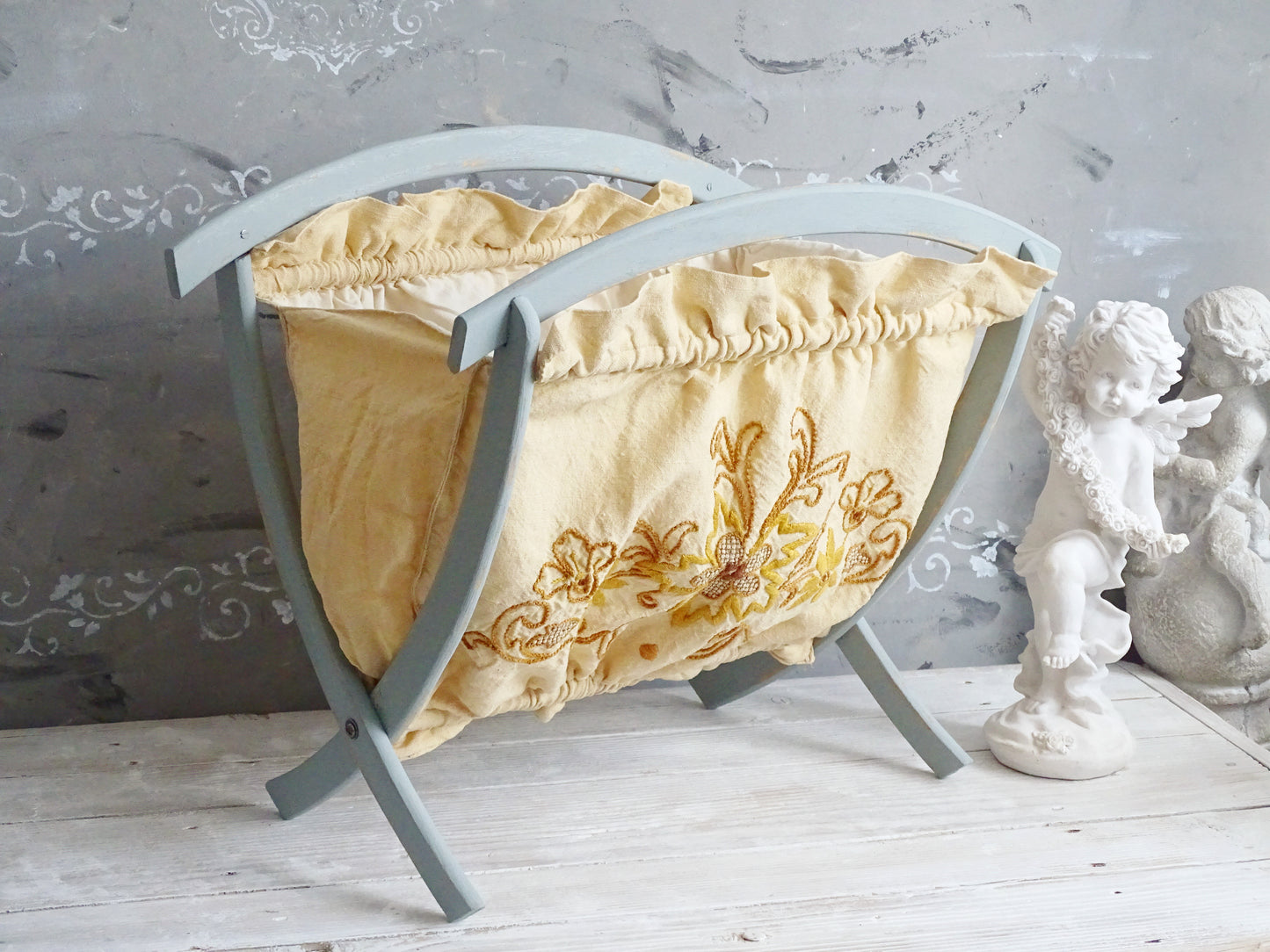 Vintage Blue Wood Magazine Rack With Ochre Beige Embroidery Floral Fabric