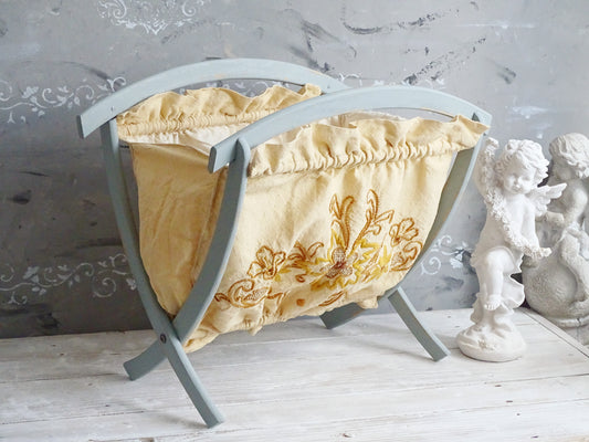 Vintage Blue Wood Magazine Rack With Ochre Beige Embroidery Floral Fabric