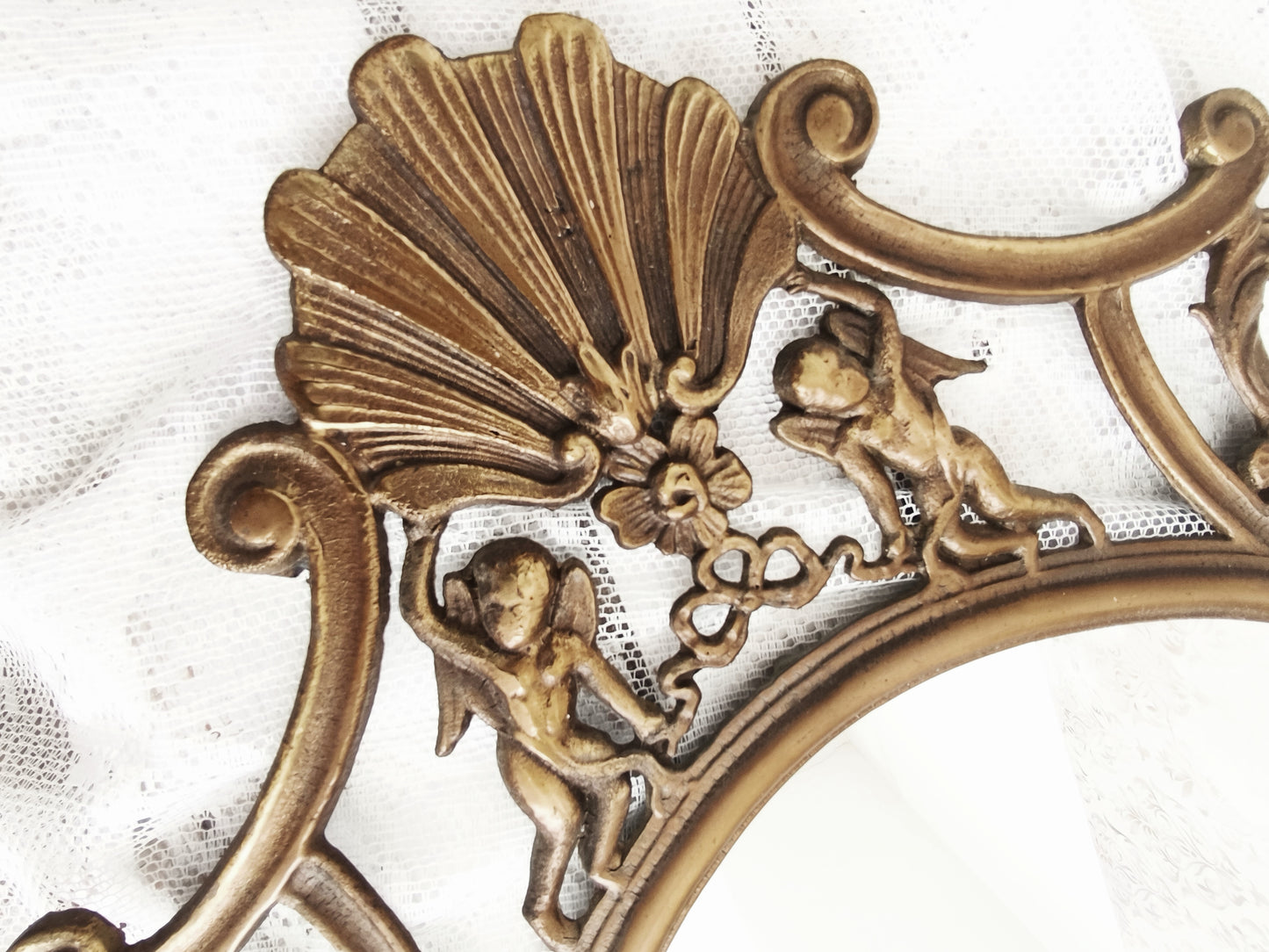 Large Antique Brass Wall Mirror With Cherubs, Oval Ornate Rocaille Design