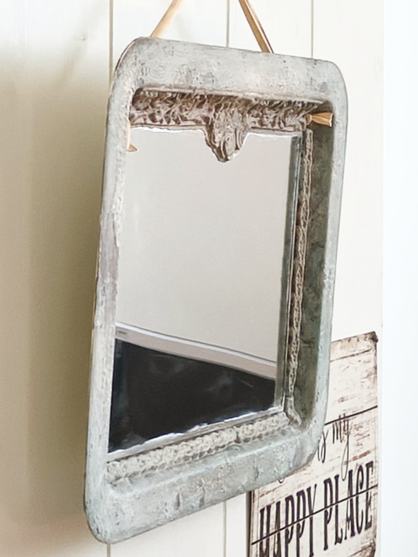 Romantic Blue Metal Wall Mirror With Floral Details And Hanging Ribbon, Distressed Shabby Chic Home Decor