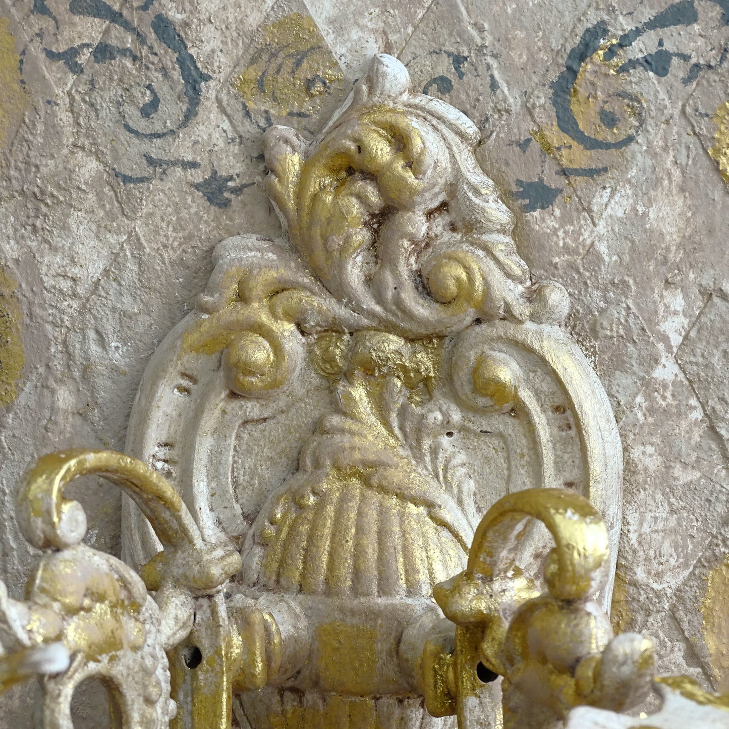 Antique Gilded French Wrought Iron Double Candle Sconce, Shabby Chic Wall Holder