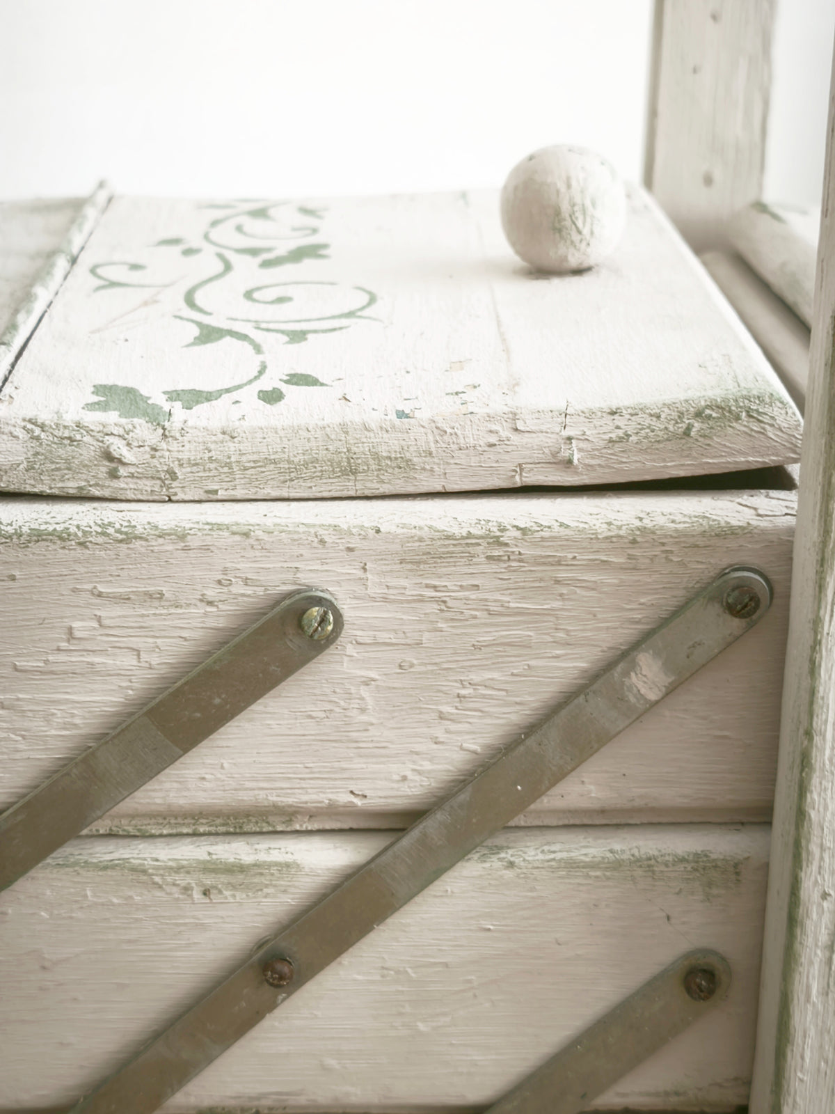 Antique Large Accordion Sewing Box: Shabby Chic Off White Wood Expandable Storage
