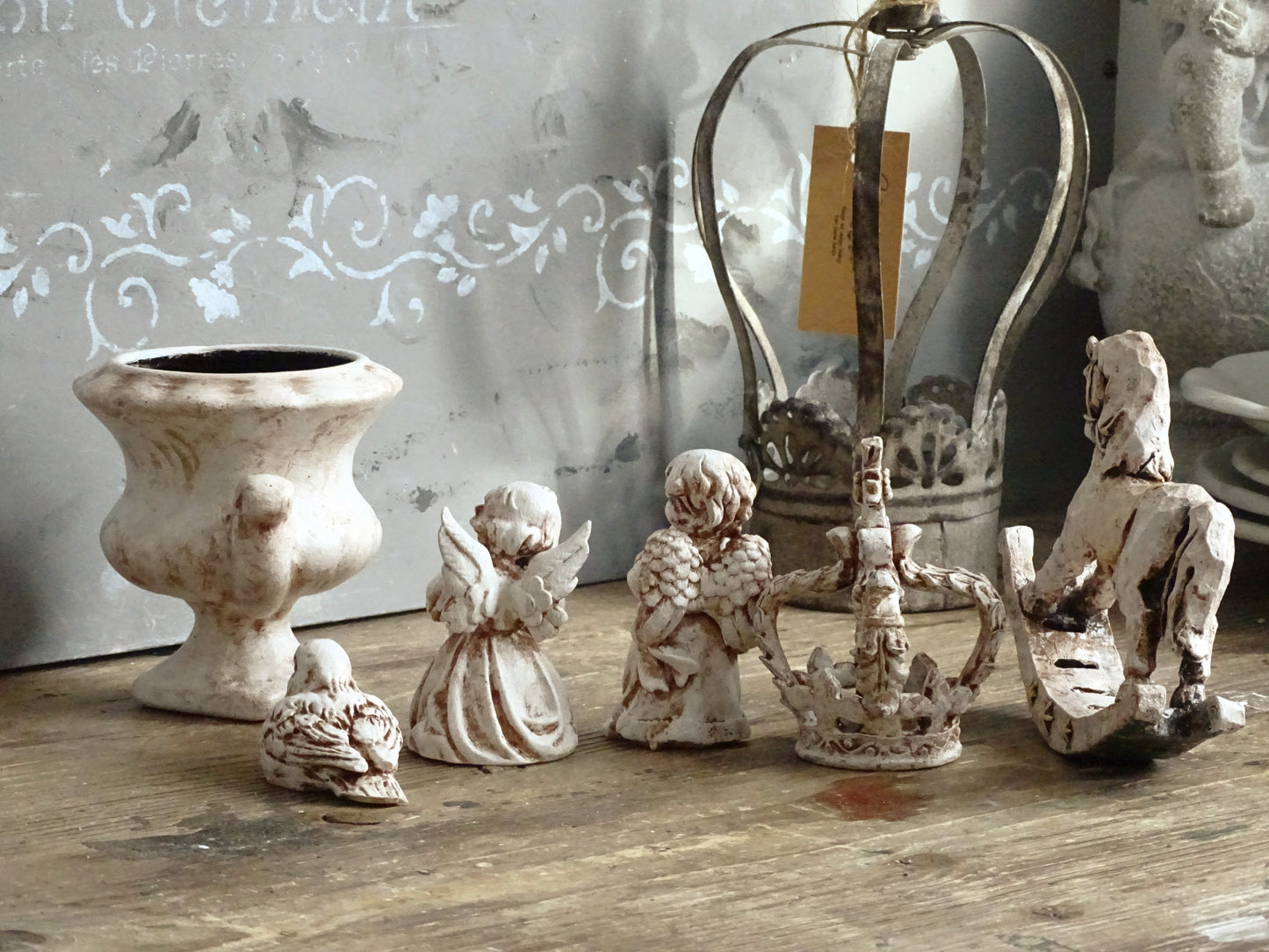 Aged Figurine Cherub, Crown, Rocking Horse, Bird, Urn Vase, Shabby Chic Decor