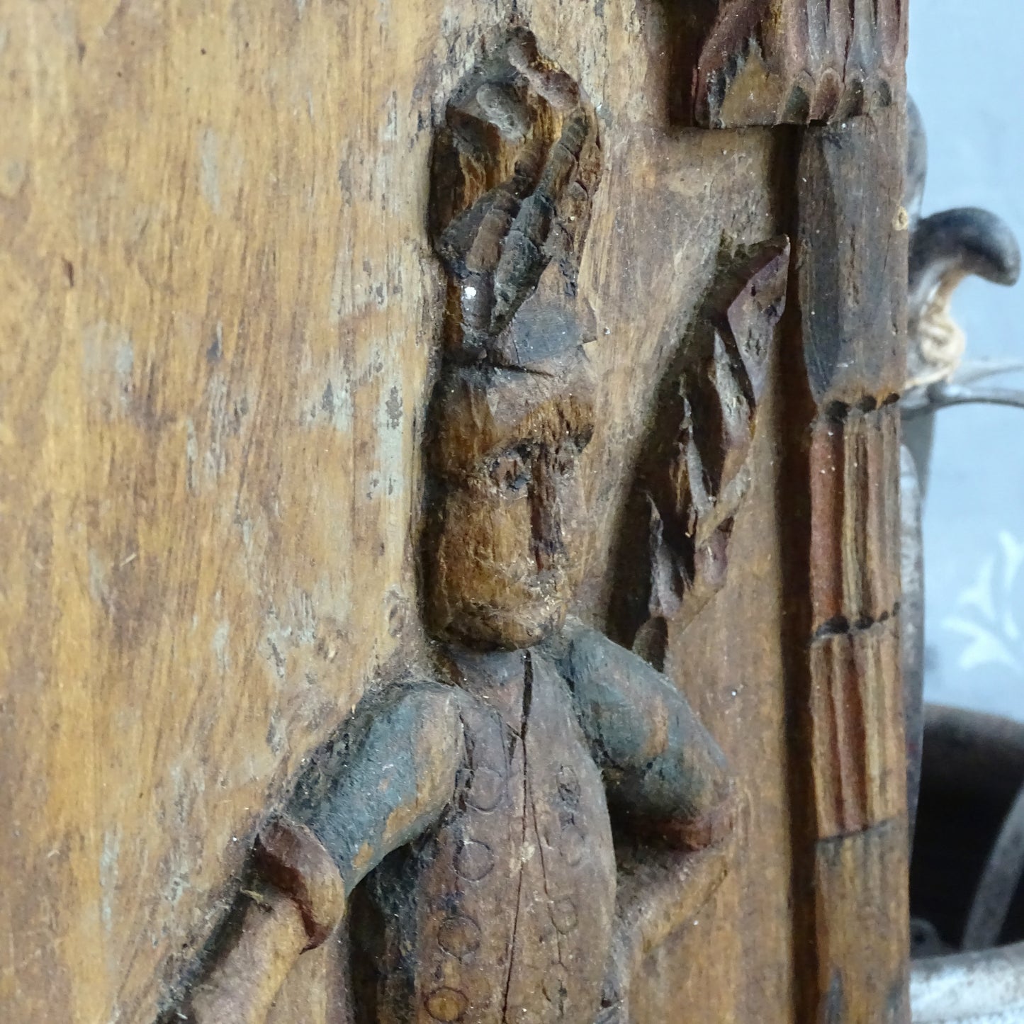 Saint Florian Hand Carved Wooden Panel, Rustic Primitive Carving Folk Art Plaque