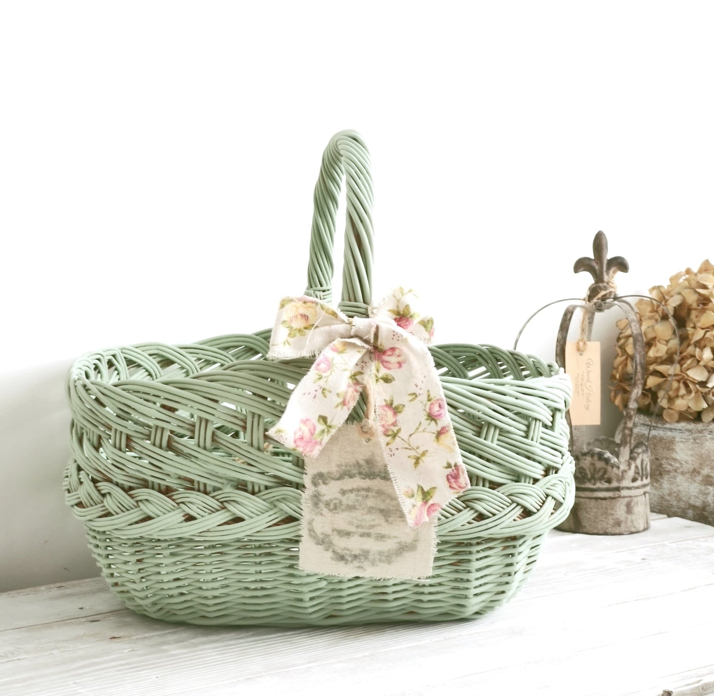 Green Wicker Market Basket with Bow