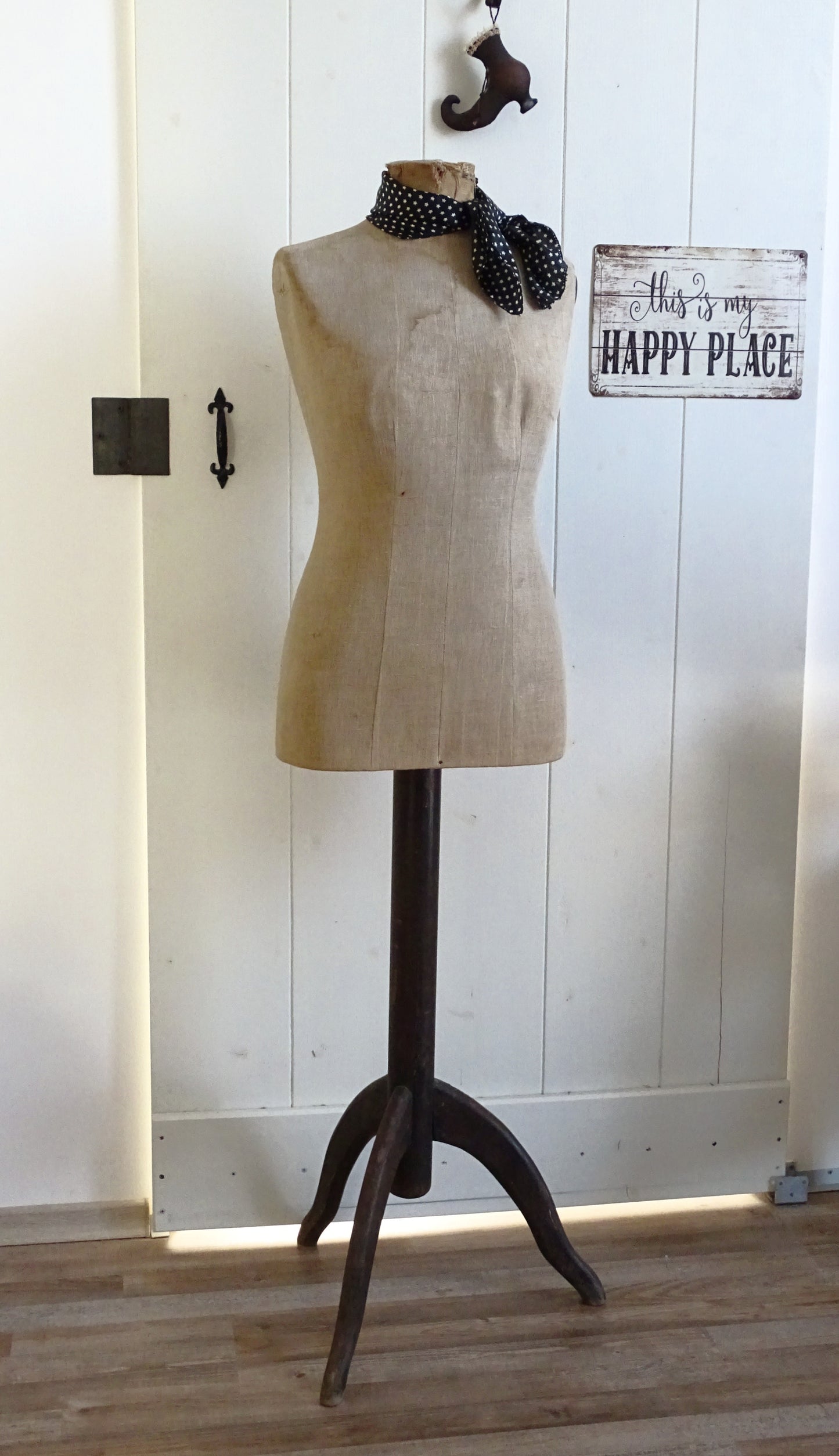 Antique French Mannequin: Tailor Dummy Female Dress Form, Oak Stand