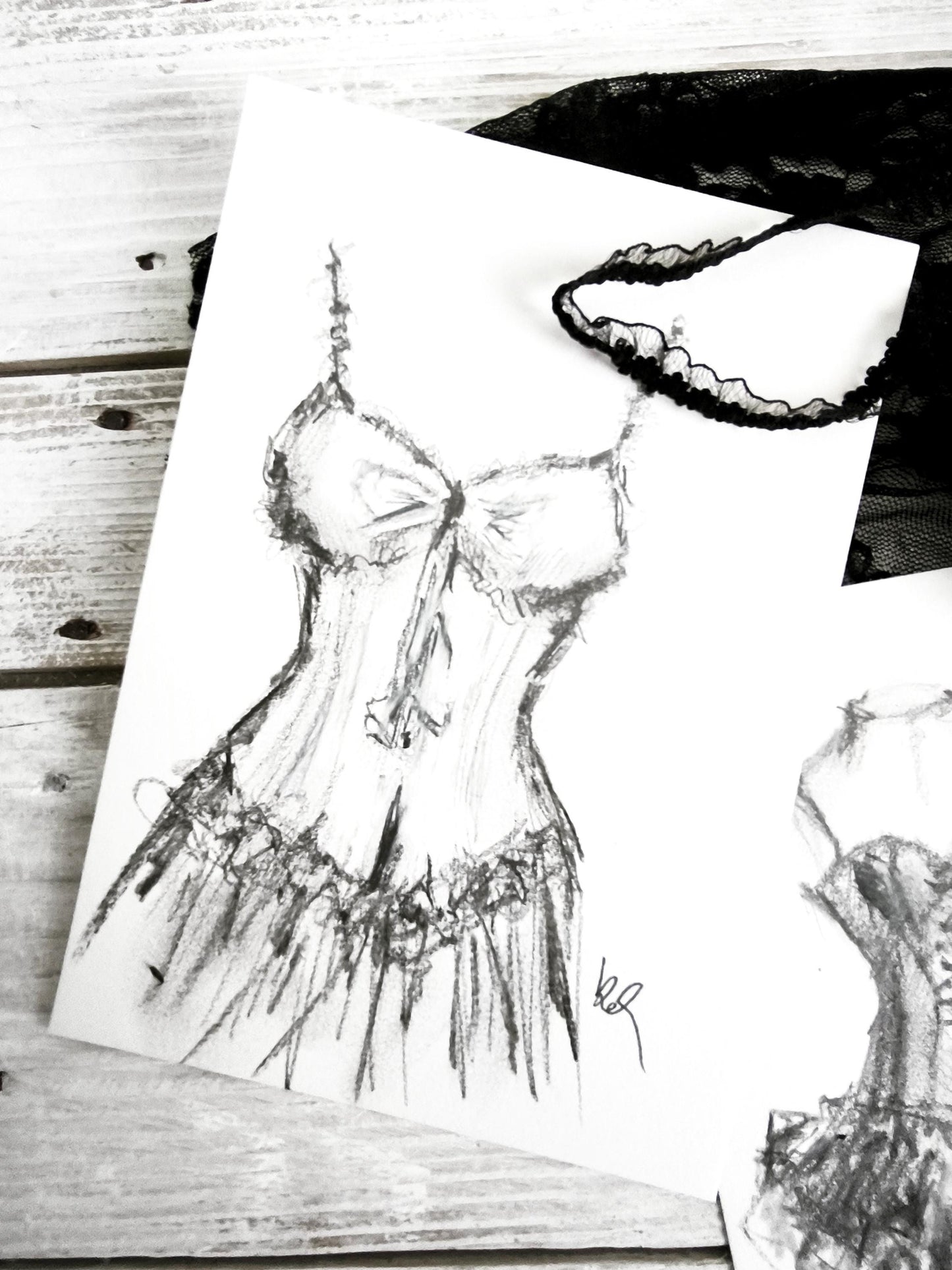 Original Charcoal Corset Sketch Drawing, French Fashion Lingerie Artwork, Ballet Tutu Dress Art