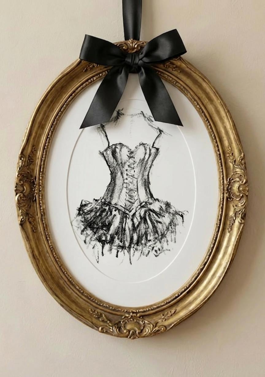 Original Charcoal Corset Sketch Drawing, French Fashion Lingerie Artwork, Ballet Tutu Dress Art
