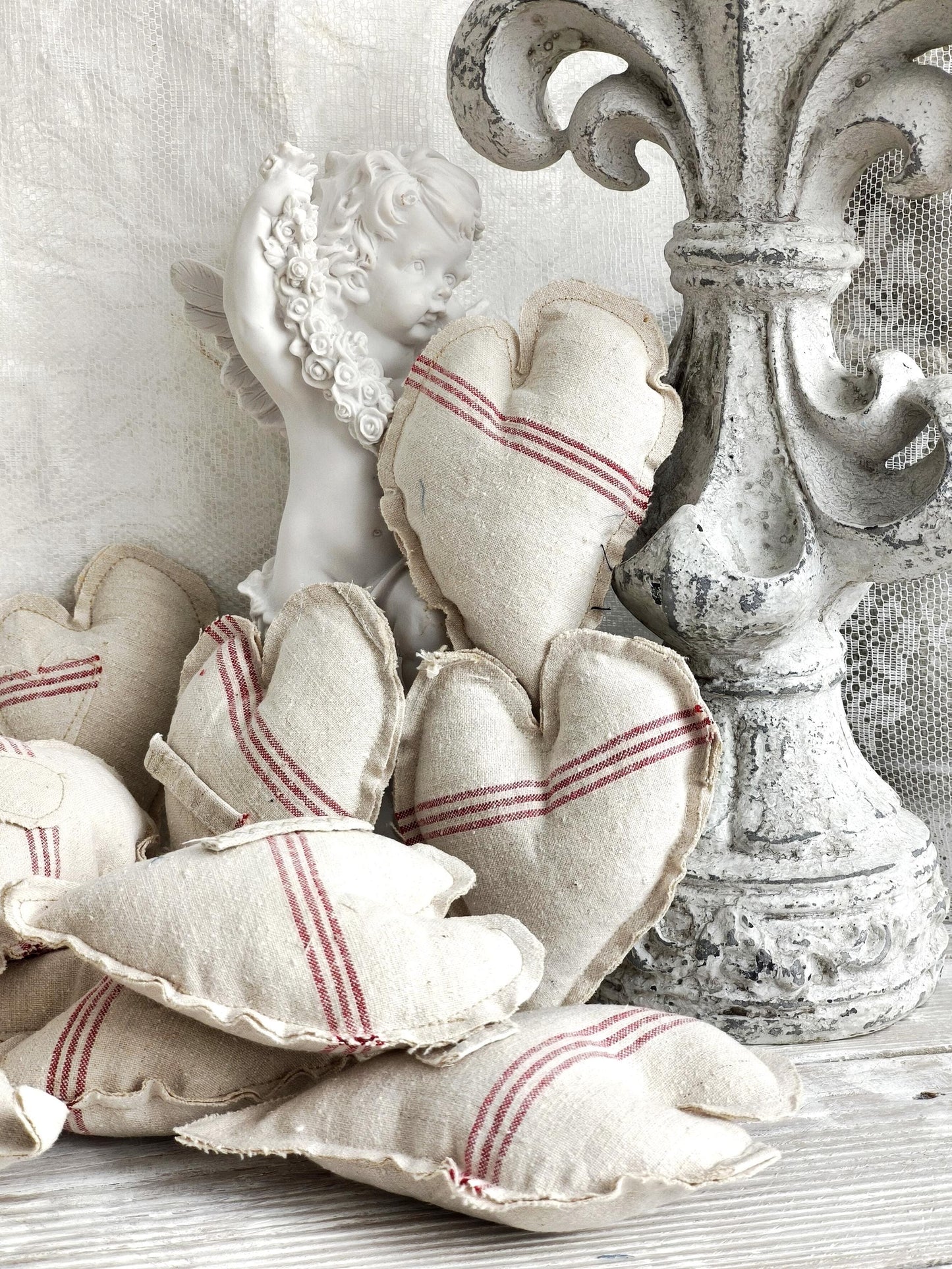 Large Antique Linen Heart Red Stripe, Primitive Farmhouse Cloth Bowl Filler, Wall Hanging Grain Sack Fabric Stuffed Valentine Heart Ornament