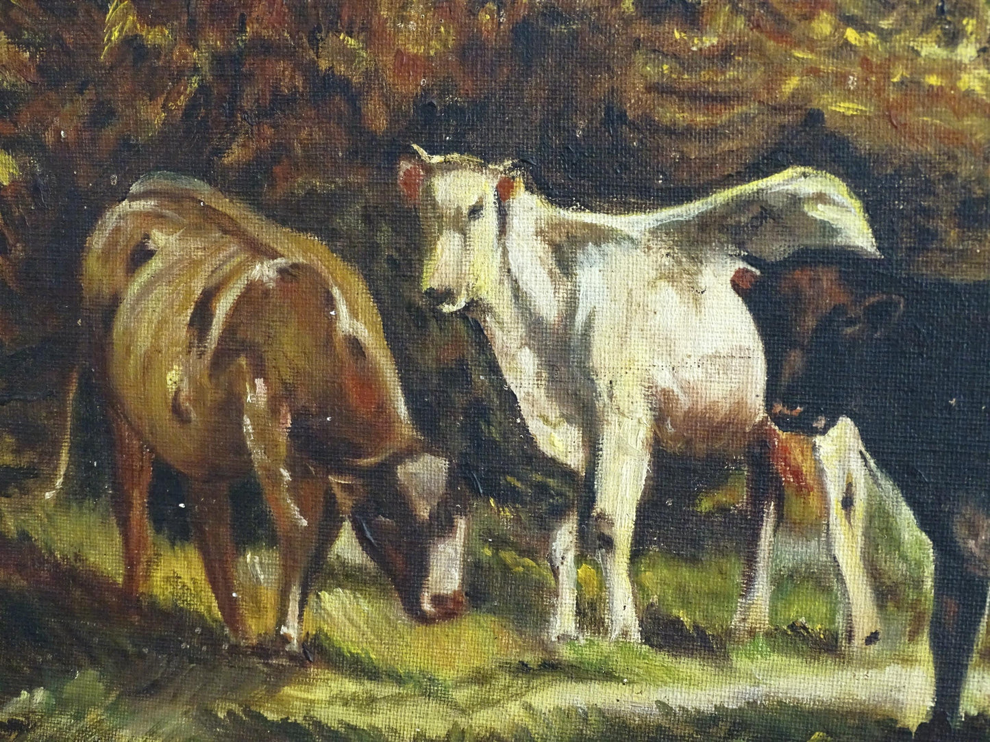 Cows Antique Oil Painting in Gold Gesso Ornate Frame, Large Landscape Countryside Original Art Oil Painting, Rustic Wall Art Decor