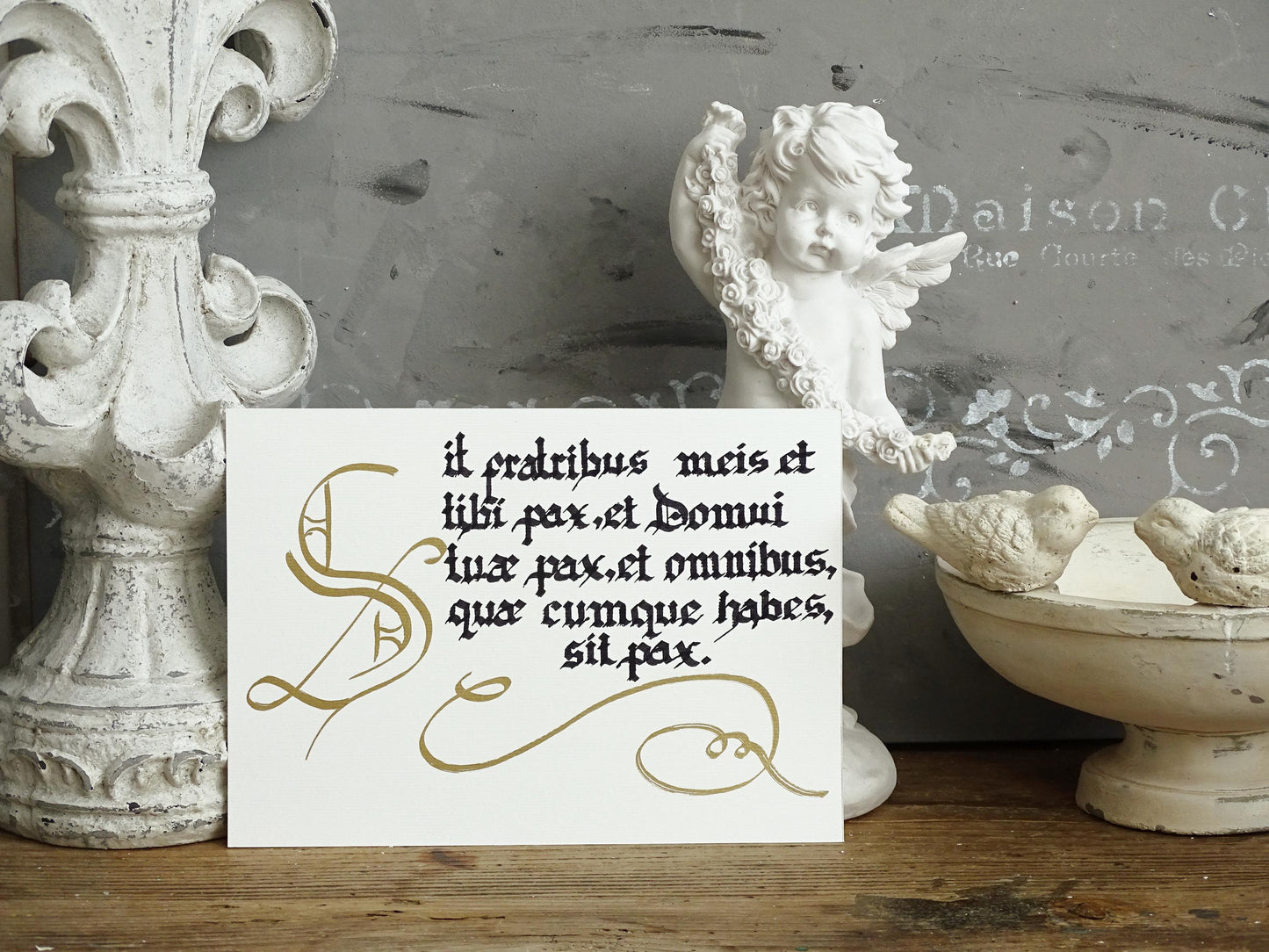 Original Artwork Hand Lettered Latin House Blessing: Gothic Calligraphy Ink Art