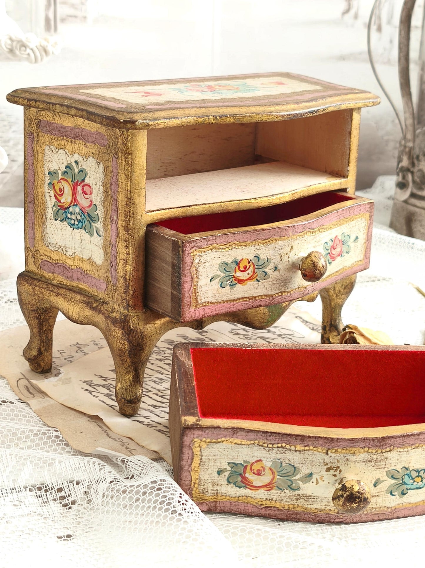 Giltwood Florentine Jewelry Chest of 2 Drawers and Handpainted Flowers, Italian Jewelry Storage Box, Shabby Chic Vanity Jewelry Cabinet